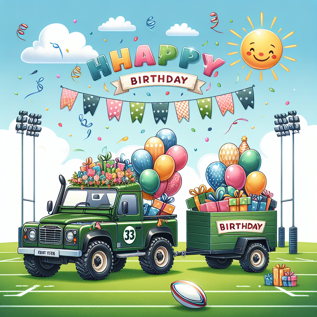 A delightful birthday-themed illustration featuring a green general-purpose vehicle decorated with joyous balloons and streamers. The backdrop showcases a rugby field, including a rugby ball resting on the terrain. The vehicle tows a petite trailer loaded with festively wrapped birthday gifts, primed for a commemoration. Extra elements such as a brightly colored birthday banner and an affable, beaming sun enhance the overall cuteness of the scene.
Generated with these themes: John Deere tractor , and Rugby.
Made with ❤️ by AI.