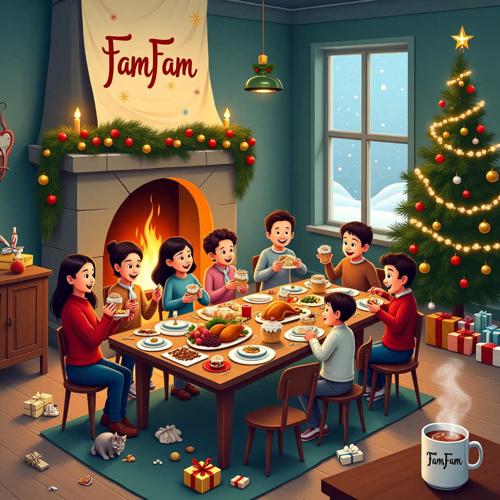 In the center of the illustration, there's a long, rustic wooden dining table laden with a bountiful Christmas feast. Platters of roasted vegetables, a glistening golden turkey, and a towering layered trifle take pride of place. A generous cheese board spills over with a variety of cheeses – crumbly blue cheese, soft brie, tangy cheddar – surrounded by clusters of grapes and an assortment of nuts. Around the table, a lively group of family members, of all ages and backgrounds, are depicted joyfully exchanging Secret Santa gifts, wrapped in vibrant, mismatched paper and ribbons, with expressions of surprise and delight.

Behind this festive gathering, a grand, roaring fireplace casts a warm glow, its mantel adorned with twinkling fairy lights and holly garlands. Above the fireplace, a tapestry hangs with the name "FamFam" woven in an elegant script, surrounded by subtle snowflakes and holly berries. Through a large window, you can see snow gently falling, creating a picturesque winter scene. The floor is strewn with discarded wrapping paper, and a curious cat bats at a shiny bauble that has rolled under a chair.

In the background, a Christmas tree stands tall and proud, its branches decorated with an eclectic collection of ornaments, candy canes, and a handmade star perched on top. Scattered beneath the tree are more presents, some unwrapped, revealing their contents – a knitted scarf, a book with a bookmark peeking out, and a wooden toy train. On a sideboard nearby, a handwritten note with "FamFam" etched on it rests beside a steaming mug of hot cocoa topped with whipped cream and marshmallows, adding an inviting touch to the scene.
Generated with these themes: Family Christmas , secret Santa, cheese board , presents , and Food , lots of people .
Made with ❤️ by AI.