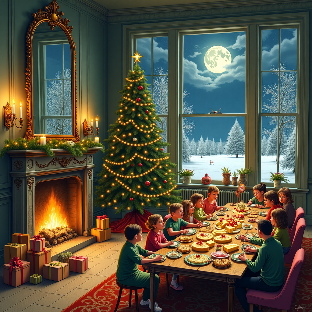 Family Christmas , secret Santa, cheese board , presents , and Food , lots of people Christmas Card