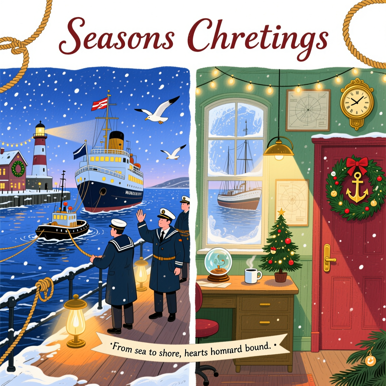 At the top of the Illustration Style image, Seasons Greetings

Sincere Christmas, hand-drawn illustration with fine linework, textured brush strokes, and a warm, expressive color palette. A balanced vertical split-screen composition: left half shows a merchant navy vessel coming ashore at blue hour amid gentle snowfall—deep indigo sea, warm amber deck lights glowing, a tug guiding her in, mooring lines arcing toward a snow-dusted quay. Seafarers in navy pea coats and watch caps wave from the rail and ready the lines; a lighthouse and harbor buildings wear wreaths and string lights, gulls wheel softly, the ship’s ensign flutters in the cold. Right half shows a cozy shipping office interior—frosted windows with the harbor beyond, soft lamplight, nautical charts on the wall, a brass clock, ship-in-a-bottle, steaming mugs, a small tabletop tree with anchor ornaments and a pine-green wreath on the door. A coiled rope motif subtly frames the seam between the two halves, visually tying sea and shore. Place a small caption at the bottom center on a slim ribbon tag: “From sea to shore, hearts homeward bound.” Warm holiday palette of pine green, cranberry red, burnished gold, cream, and night-sky blues; delicate ink hatching, watercolor washes, subtle paper grain, soft vignette; calm, heartfelt mood. No other legible text.
Generated with these themes: Merchant navy, Seafarers, Vessel coming ashore, Split screen with office, and .
Made with ❤️ by AI.