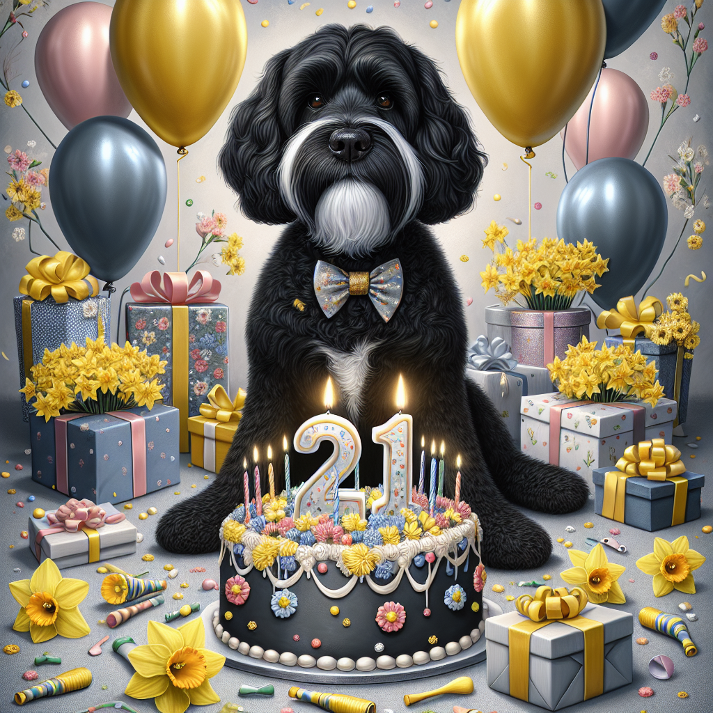 Black cockapoo with white beard, 21st birthday cake, Balloons, Presents with bows, and Daffodils Birthday Card