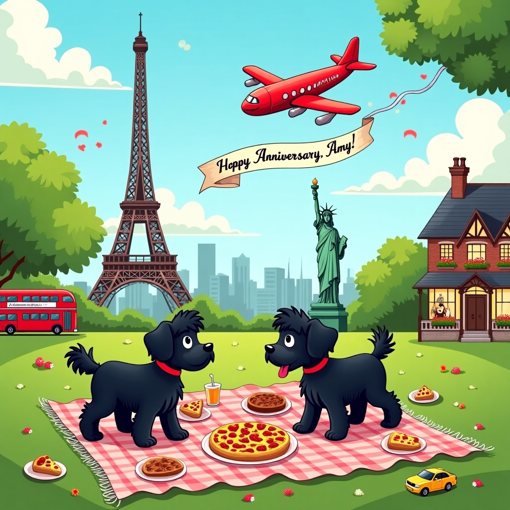 The scene unfolds in a whimsical cartoon panorama that bridges the magic of Paris, the energy of New York, and the charm of London. In the foreground, a black Cavapoo and a black Cockapoo playfully scamper around a picnic blanket spread out on the lush, green lawn of a park reminiscent of London's Hyde Park. Scattered across the blanket are slices of Bakewell tart, a steaming dish of baked beans, and a large, cheesy pizza, each depicted with an exaggerated, inviting style that evokes the culinary delights of these iconic cities.

To the left of the scene, the majestic Eiffel Tower rises into the sky, its iron lattice structure intricately detailed with a hint of Art Nouveau flair. Above, a vintage-style aeroplane, with its body artfully decorated to resemble a tin of Pepsi Max, trails a banner behind it, fluttering with the words “Happy Anniversary, Amy!” against a bright blue sky.

In the background, the silhouette of the New York City skyline stretches across the horizon, highlighted by the Statue of Liberty holding a slice of Madeira cake instead of her traditional torch. To the right, a quaint, Tudor-style house with blooming flower boxes nods to the English countryside, its windows aglow with warm, welcoming light.

The scene is punctuated with quirky, imaginative details, such as a red double-decker bus parked next to a Parisian café where tiny figures sip espressos, and a little yellow taxi cab just above the bakewell tart. Hidden among the clouds are playful renditions of iconic symbols, like a pizza slice shaped like the Big Ben, subtly inviting the viewer to discover each city's charm. The artwork is vibrant, bustling with detail, and rich with cross-cultural nods, creating a delightful homage to these beloved locations and a heartfelt anniversary greeting for Amy.
Generated with these themes: Paris, New york, Aeroplanes, Black cavapoo, Black cockapoo, House, London, Bakewell tart, Baked beans, Pizza, Madeira, and Pepsi max.
Made with ❤️ by AI.
