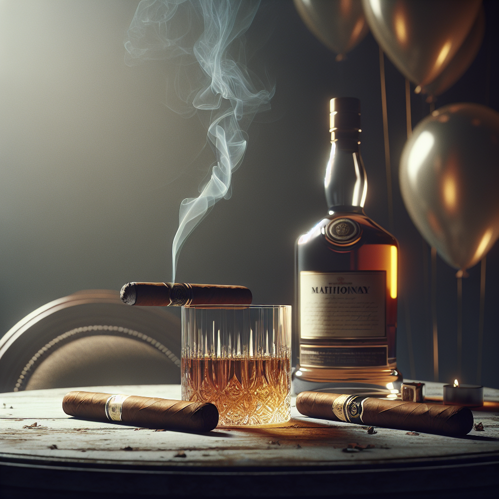Render a somber scene with a muted color palette that showcases a mature birthday setting. The primary focal point is an antique wooden table that holds two premium cigars. The cigars, from which a thin trail of smoke gently rises, sit next to an open bottle of matured whiskey. Alongside the bottle is a glass, filled halfway and glistening dimly in the soft light. In the subtle background, translucent birthday balloons can be seen, contributing a sense of festivity but not disturbing the calm, adult atmosphere enveloping the scene.
Generated with these themes: Cigars, and Whiskey.
Made with ❤️ by AI.
