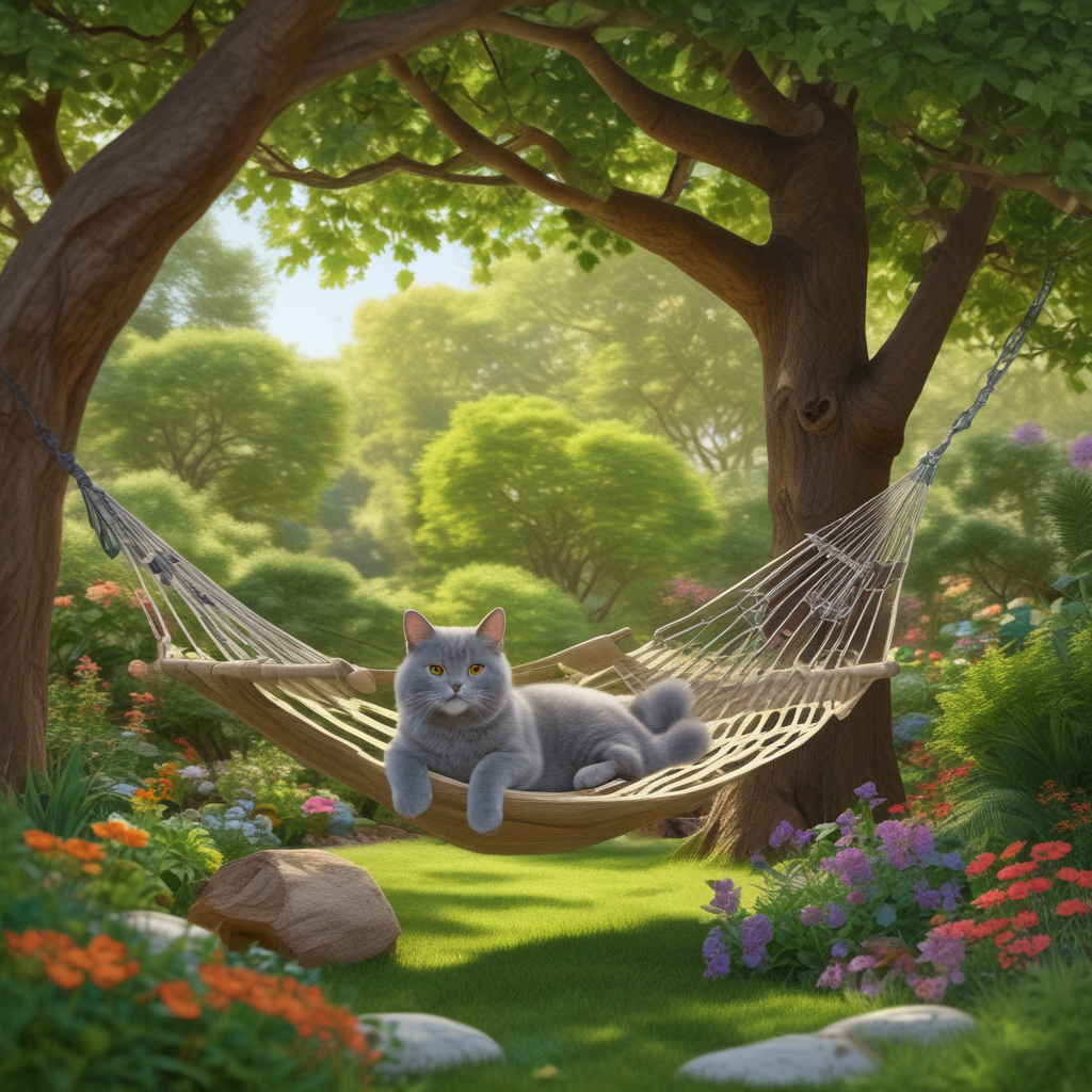 Realistic Cute, Depict a tranquil backyard garden meticulously maintained. The garden hosts a lounging British shorthair cat shading beneath the trees, with its plush coat blending seamlessly with the natural hues around it. In the vicinity, a welcoming hammock is strung between two sturdy trees. A book titled 'World's Best Cat Dad' is casually resting on it. Indications of a Father's Day celebration can be noticed, with a couple of vibrant balloons tied to the hammock, and a beautifully wrapped gift box adorned with a cat-patterned ribbon positioned next to a leafy potted plant. Attached to the plant is a tag proclaiming 'Happy Father's Day!'
Generated with these themes: british shorthair cat.
Made with ❤️ by AI.