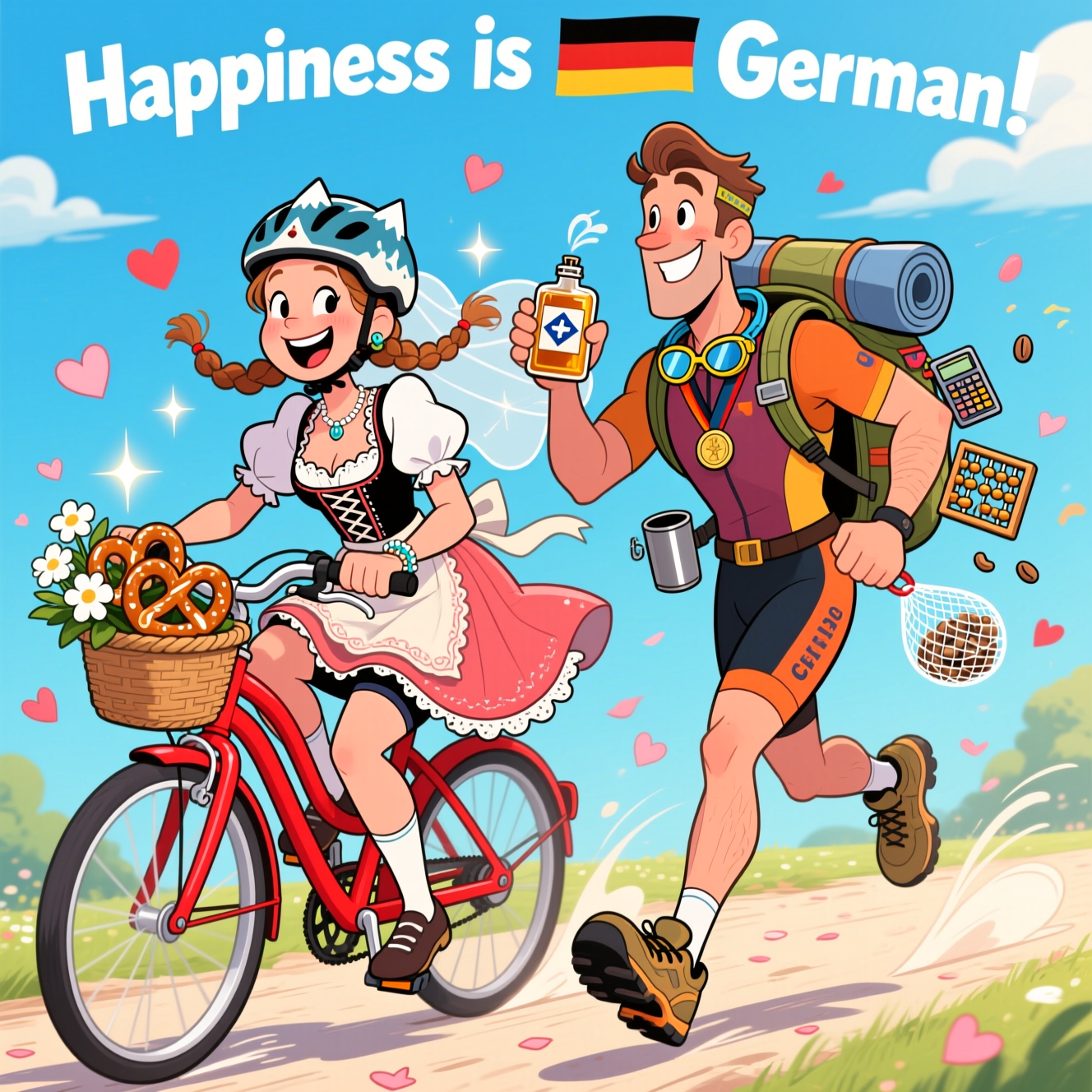 At the top of the Cartoon Style image, Happiness is being married to a German!

Playful, funny, high-energy cartoon scene with bright saturated colors, thick outlines, and exaggerated proportions: Sirid, a joyful German bride, rides a bright red bicycle. Her outfit is a whimsical “dirndl-meets-cyclist” mashup: puff-sleeve blouse, laced bodice, swishy apron-skirt tailored for pedaling with peekaboo cycling shorts, and a bike helmet with cute alpine details; braids peek out as she leans forward, grinning. The bike basket bursts with pretzels and white flowers, a few heart-shaped petals swirling in the air. Sparkles glint off her wedding band.

Beside her charges Ellis, her groom: a lanky, charismatic triathlon pro in a backpacking getup. He’s mid-stride, wearing a tri-suit in warm, Tennessee-inspired colors with trail runners, a big hiking backpack (rolled sleeping mat, titanium mug clinking). Swim goggles rest around his neck; a medal peeks from the pack. One hand cheekily raises a small whiskey flask with a Tennessee-style motif; from the pack dangles a mesh pouch of beans, a few bouncing comically through the air. To wink at “bean counter,” an abacus or calculator is clipped to his strap. He beams at Sirid as they move in sync, motion swooshes emphasizing speed.

Set them on a sunny path with heart-shaped confetti, a soft blue sky with fluffy heart clouds, and a floral arch of intertwined rings in the background to nod to the wedding. Keep the vibe whimsical and celebratory, with lots of bounce and energy, bold shadows, and clean, thick inked outlines.

At the bottom, small playful caption: Prost + Yeehaw!
Generated with these themes: Love hiking, Triatholon, biking, swimming, Skiing, Dogs, Travelling, and .
Made with ❤️ by AI.