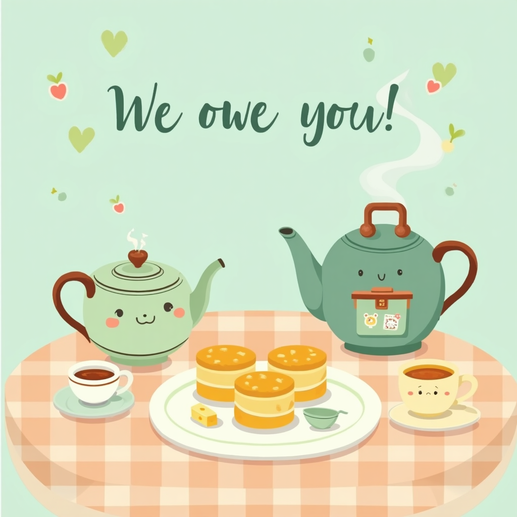 At the top of the Vector Style image, We owe you an afternoon tea!

Cute, flat-vector farewell scene in a tall portrait layout, clean lines and solid color blocks, minimal gradients, modern graphic precision. Center a round pastel table with a neat pale-peach gingham cloth. On a large white plate sit three plump cheese scones with tiny smiling faces, golden crusts with cheddar flecks, a few cute crumbs, a pat of butter, and a small chutney pot. To the left, a mint-green teapot with a friendly face tips its spout like a wave; to the right, a cream teacup of warm amber tea smiles, holding a tiny closed suitcase with sticker icons (heart, star, tea leaf) to hint “farewell” without extra words. A soft heart-shaped steam curl rises between teapot and cup. Add a small wedge of cheddar on the plate for clarity. Subtle oval shadows under objects for depth; no textures, no photorealism.

Palette: butter yellow, cheddar orange, mint and teal accents, warm cream, coral pops; outlines in deep teal, 2–3 px. Background: soft pastel teal with very light, sparse tea-leaf and dot motifs near the top, plenty of breathing room.

Top text styling: the provided line in a friendly rounded sans-serif, dark teal, small and airy at the top center to keep the image dominant. At the bottom, add a single short caption on a slim curved ribbon: “You’re tea-riffic and scone to be missed!” in the same font, slightly smaller. No other text.
Generated with these themes: Cheese scones tea, and .
Made with ❤️ by AI.