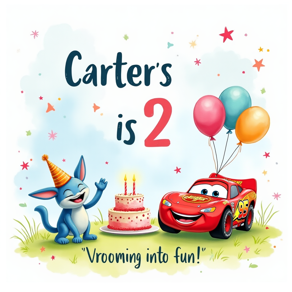 At the top of the Watercolor Style image, write in playful hand-painted lettering: **Carter is 2**  

A cute watercolor birthday scene: Bluey and Bingo are joyfully waving and holding colorful balloons, while Lightning McQueen zooms in with a big smile, leaving behind a trail of sparkling confetti in soft watercolor splashes. A tiny party hat is perched on McQueen’s roof, and a watercolor birthday cake with two glowing candles sits on the grass between them. The background is a dreamy wash of soft sky blues and fluffy pastel clouds, with hints of bunting and streamers floating above.  

At the bottom in smaller, cheerful watercolor text: *“Vrooming into fun!”*
Generated with these themes: Bluey, Cars , Lightening mcqueen, and .
Made with ❤️ by AI.