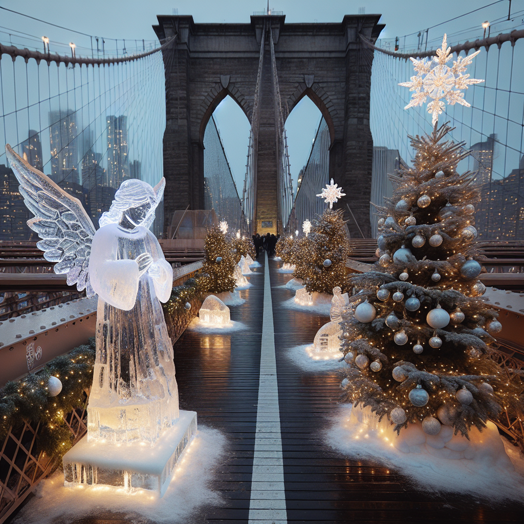 The Brooklyn Bridge is transformed into a winter wonderland, with intricate ice sculptures of angels and snowflakes lining its path. Miniature Christmas trees, adorned with realistic ornaments and golden tinsel, lead the way across the bridge. The towers are illuminated with soft white lights, resembling giant candles against the night sky, complementing the serene scene of seasonal joy.
Generated with these themes: brooklyn bridge.
Made with ❤️ by AI.