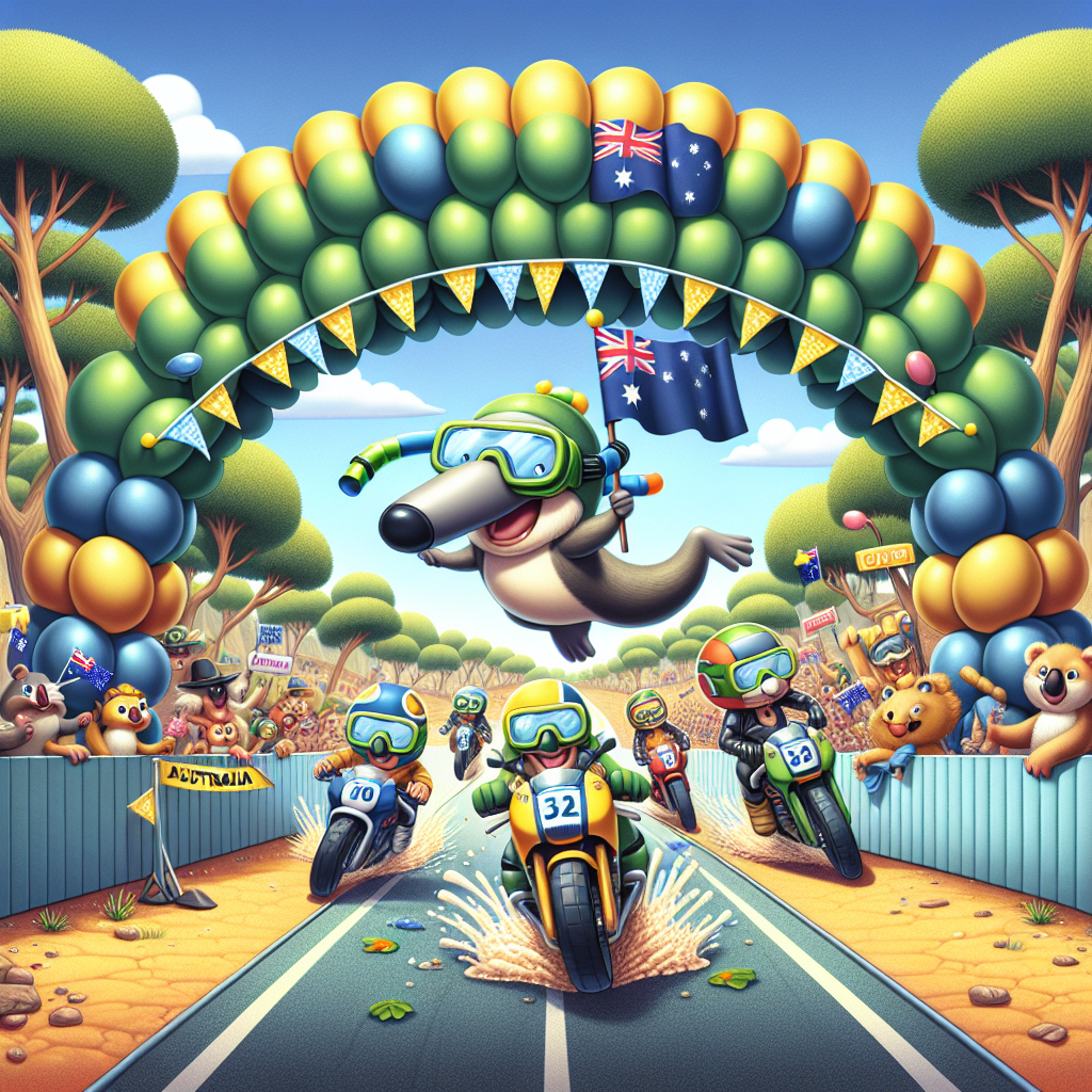 Envision a whimsical birthday celebration set against the backdrop of the Australian outback, reimagined with gentle, rounded edges and vibrant, inviting hues. A group of adorable, made-up characters is marking the day with a lively motorbike competition along a route bordered by lush gum trees and diving flags. Savor the moment as a platypus wearing snorkeling gear joyously waves the checkered flag marking the end of the race, while cartoon figures riding motorbikes speed by, donning diving goggles and snorkels. Above these dynamic racers, visualize a balloon archway, resplendent in green and gold—the proud colors of Australia. This balloon arch forms a jubilant vault under which the race occurs. Finally, add to this lively scene plush, cheering koala spectators situated along the race's sidelines, gleefully clapping and encouraging the zooming racers.
Generated with these themes: Motorbikes, Diving, and Australia .
Made with ❤️ by AI.