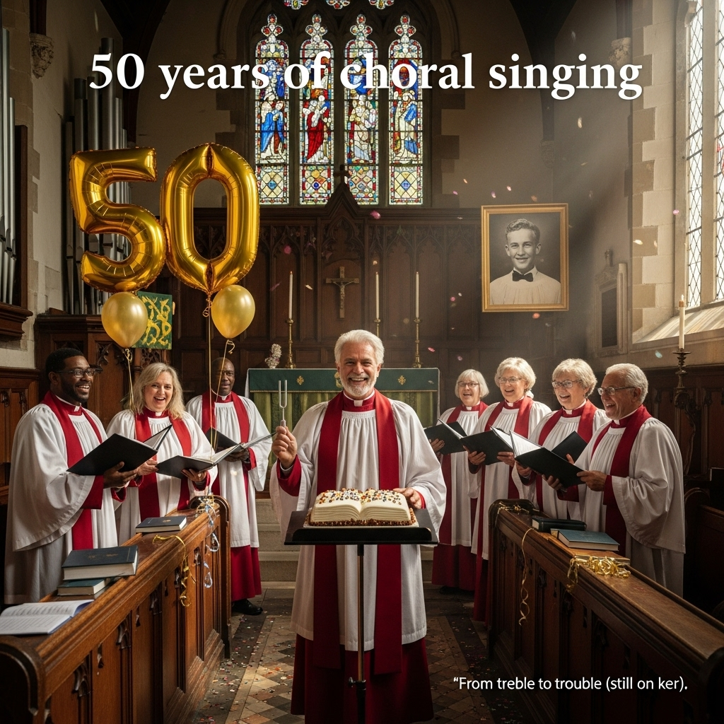 At the top of the Photorealistic picture taken from a camera image, 50 years of choral singing

Ultra-high-definition 4K UHD, true-to-life, funny and heartwarming scene inside a sunlit church choir loft. Center frame: a silver-haired gentleman in an immaculate, adult-sized “choirboy” outfit (deep red cassock, crisp white surplice, slightly askew ruff collar), holding a tuning fork like a tiny trophy and grinning. Behind him, a joyful, diverse choir in matching robes, mid-chuckle, some holding hymnals; a polished pipe organ and pews form the rich backdrop. Golden “50” helium balloons are tied to a black music stand that also holds a hymnbook-shaped celebration cake with realistic frosting and subtle gold sprinkles. Sunbeams pour through stained-glass windows, casting colorful patterns; floating dust motes glow in the light. On the back wall, a framed vintage portrait shows the same man as a boy chorister in the 1970s, matching his present-day smile for a playful then-and-now gag. A few tasteful party elements—confetti sprinkled on the choir stall, a discreet ribbon around the conductor’s baton—add gentle humor without clutter. Lifelike textures: worn leather hymnals, soft fabric folds of the robes, polished wood grain, and soft candle glow near the altar. Clean, accurate lighting with rich depth of field: subject tack-sharp, background gently bokeh’d.

Typography: the main text “50 years of choral singing” appears at the top in elegant, gold-foil–look serif lettering with a subtle soft-drop shadow, centered and legible without covering faces. Add one small, cheeky line at the bottom right in a clean italic: “From treble to trouble (still on key).”

Camera/style notes: natural light, 85mm prime, f/2.8, 1/125s, ISO 400, true-to-life color, realistic lens optics, fine detail, high dynamic range, zero artificial stickers or clipart.
Generated with these themes: Choirboy, and .
Made with ❤️ by AI.