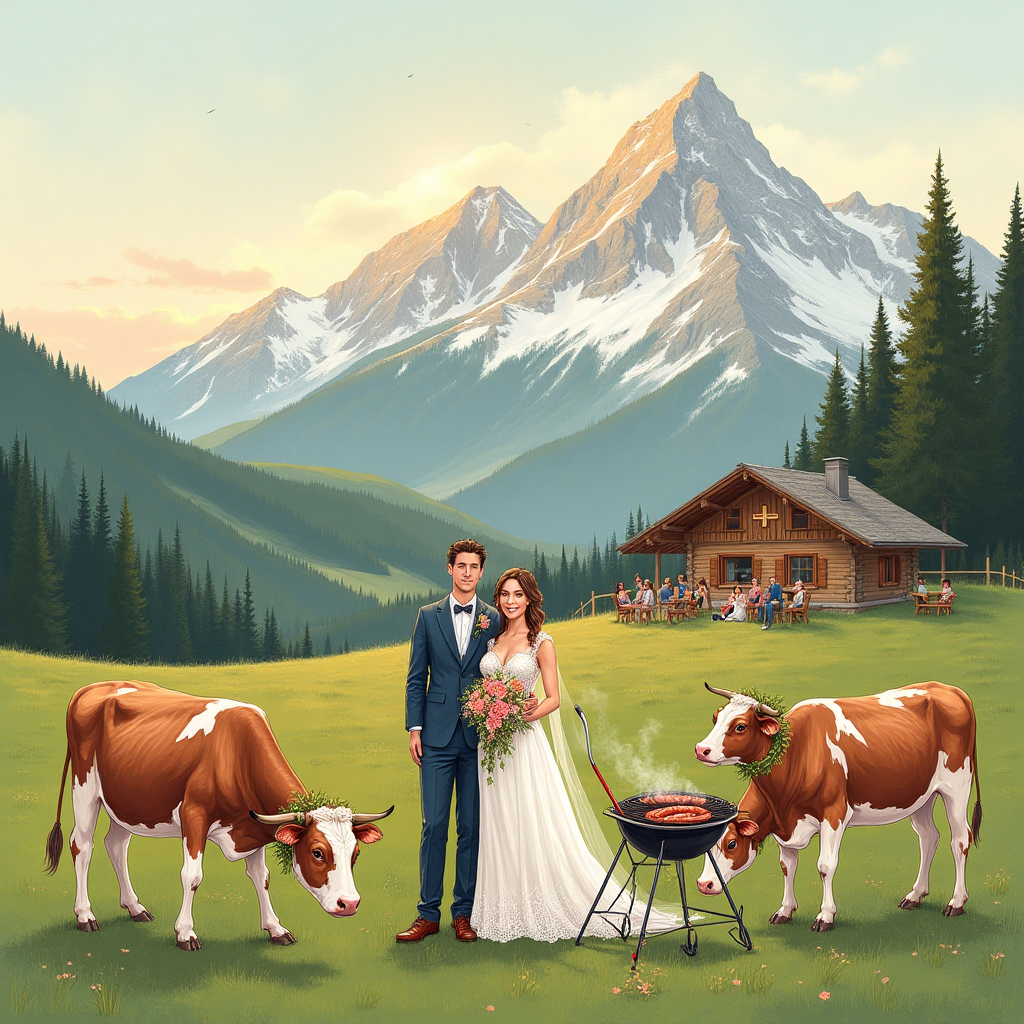 Mountains, Austria, cows, hockey, BBQ, and Wedding Card