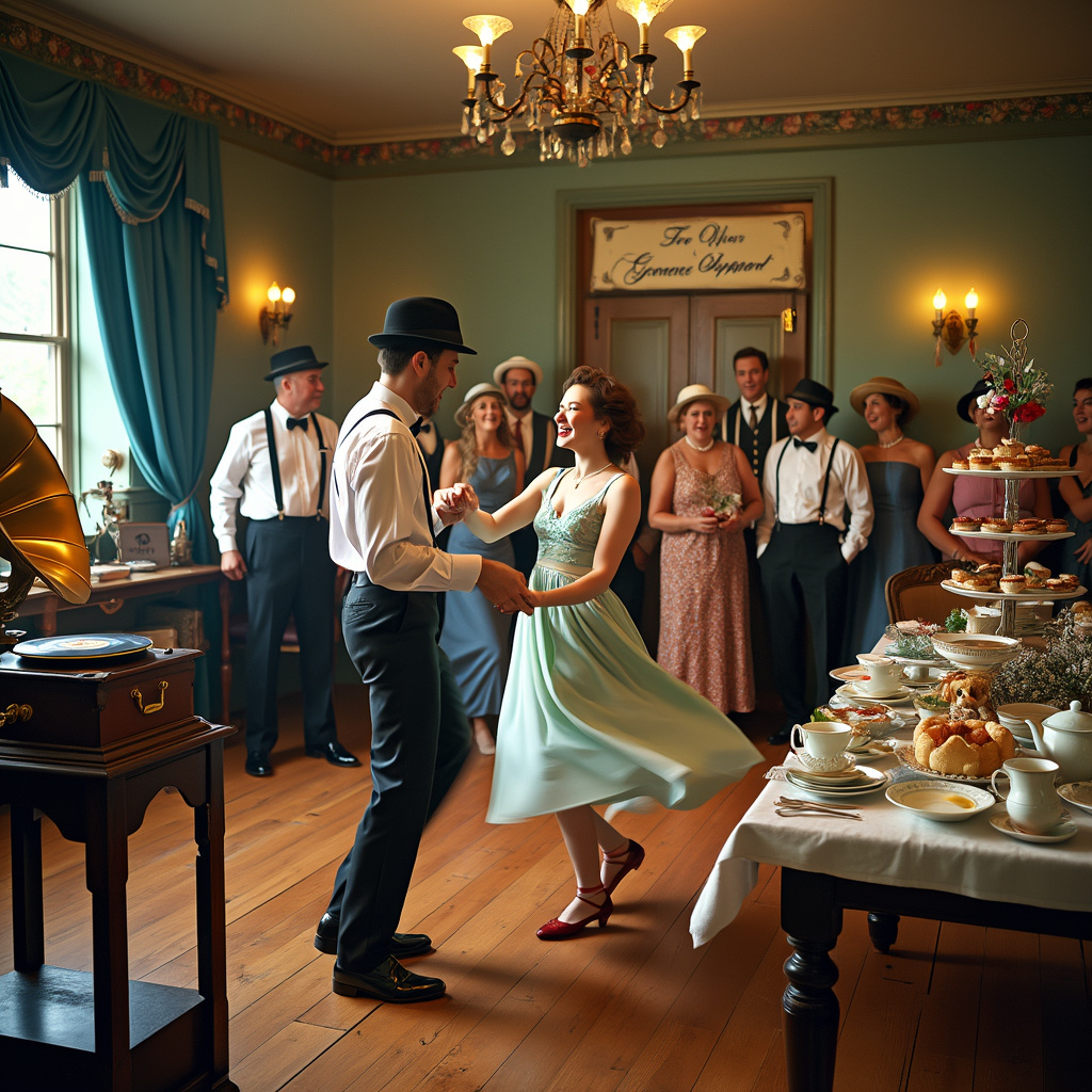 In a quaint, vintage ballroom with an ornate chandelier and wooden floors polished to a mirror-like shine, a lively tea dance is in full swing. The scene is set in an era where bowler hats and flapper dresses were all the rage. To the left, an antique gramophone with a large brass horn is spinning a vinyl record, producing a cheerful melody that fills the room. A small band, complete with a double bass, a clarinet, and a banjo, provides live music from a corner stage adorned with velvet curtains and an Art Deco backdrop. 

At the center of the scene, couples are elegantly twirling and jiving to the rhythm, their outfits a delightful clash of polka dots, pinstripes, and suspenders. Among them, a jubilant pair in period-accurate attire leads the dance, the woman’s dress swirling in a burst of pastel colors while her partner's two-tone shoes tap enthusiastically on the floor.

To the right, a long, rustic wooden table is set up with an assortment of teapots in floral patterns, mismatched teacups, and saucers, all filled with steaming tea. Behind the table, volunteers from a local charity, wearing vintage aprons and bonnets, serve homemade scones, jam, and finger sandwiches. Each treat is meticulously displayed on tiered cake stands, adding a touch of elegance to the scene.

In the background, a group of singers harmonizes beautifully, their voices blending in perfect unison. They're dressed in matching vintage attire, complete with suspenders and bow ties for the men, and cloche hats and beaded necklaces for the women. The singers stand in front of a large banner that reads “Thank You!” in cursive letters, with smaller text beneath that says “For Your Generous Support.”

Scattered around the scene are whimsical details like a small dog in a bow tie sitting by the stage, watching the dancers intently, and a young child attempting to mirror the dance moves while holding a teddy bear. A donation box sits near the entrance, decorated with colorful ribbons and a sign that reads "Help Us Make a Difference." All these elements together create a vibrant, nostalgic celebration, blending music, dance, and heartfelt gratitude in a uniquely charming tableau.
Generated with these themes: Vintage, Tea dance, Music, Singers, Charity, and Dancing.
Made with ❤️ by AI.