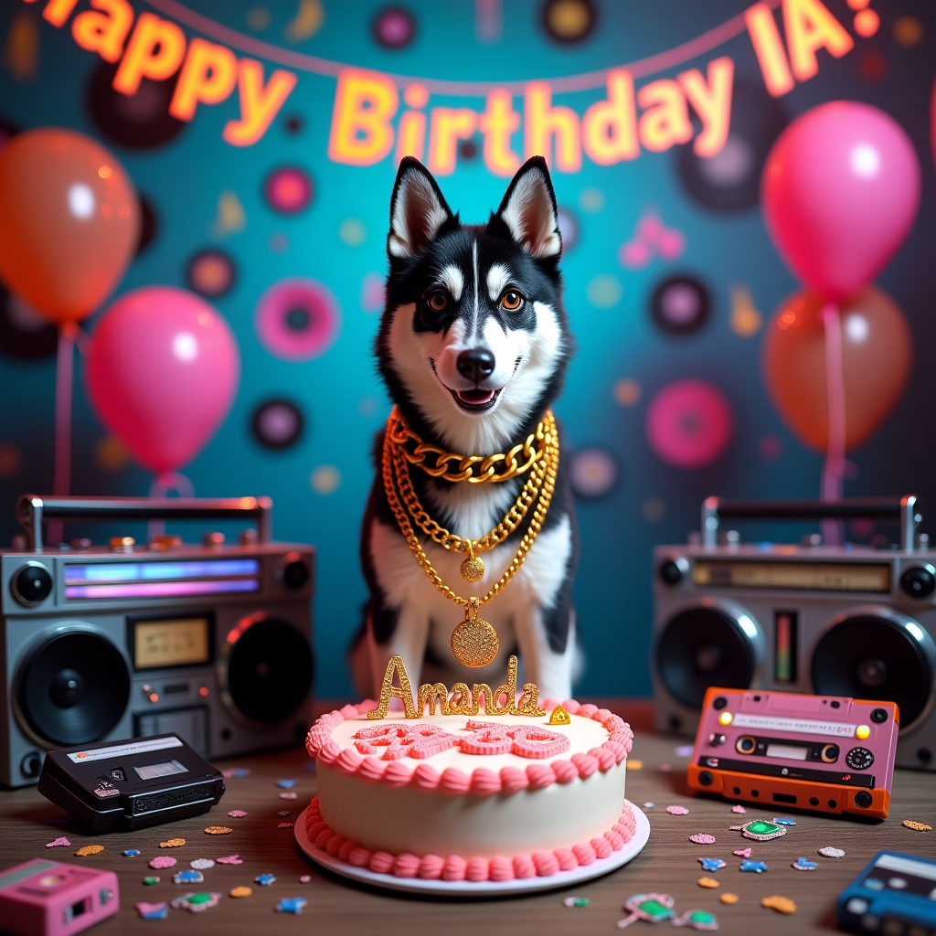 In the vibrant, nostalgic world of the 1980s, an Alaskan Klee Kai, its fur a dappled canvas of black and white, stands proudly at the center of a bustling birthday party scene. This canine is adorned with an ostentatious gold chain necklace, reminiscent of hip-hop icons from the era, its pendant humorously shaped like a miniature turntable, twinkling with faux diamonds under the bright party lights. Surrounding the dog is a kaleidoscope of 80s-themed decorations: vinyl records hover in the air like balloons, suspended by invisible threads, each record labeled with classic hits from the era. Cassette tapes are scattered whimsically across the ground, some spooling out their magnetic ribbons to create whimsical shapes.

To the side, a large, retro-style boombox blares out party tunes, its dials and buttons glowing with multicolored LED lights. In front of the boombox, a deliciously vibrant birthday cake sits on a table, iced in bright, neon hues of pink, green, and blue. The cake is topped with an edible gold chain design that wraps around it, and at the very top, in candy jewels, is the recipient’s name, “Amanda,” elegantly scripted and surrounded by musical notes made of icing. Above this festive scene, a shiny, helium-filled balloon banner spells out “Happy Birthday Amanda!” in large, playful letters, drifting slightly in the breeze and adding a touch of whimsy to the energetic setting.
Generated with these themes: Jewelry, 80's, Music, and Black and white alaskan klee kai.
Made with ❤️ by AI.