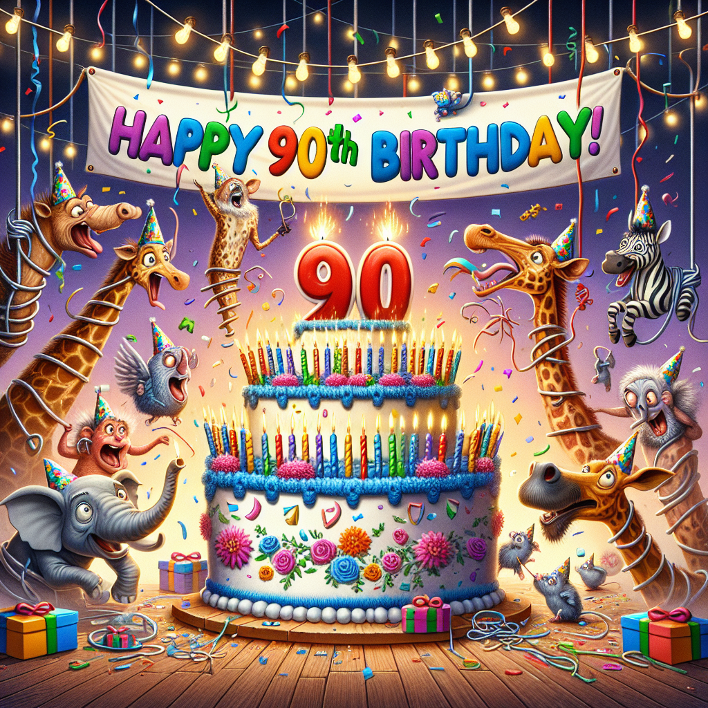 Create a vibrant scene of a 90th birthday party, dominated by a large cake adorned with numerous colors and displaying the number '90' at its center with an array of 90 candles. In the setting, a variety of amusing cartoon animals, all of them donning party hats, are seen in an uproarious state as they endeavor to light all the candles, causing a funny tumult of intertwined streamers and airborne confetti. Hanging above the scene is a banner with the words 'Happy 90th Birthday!'. An elephant and a giraffe, as primary characters, hilariously contend with hanging the banner, with the giraffe somehow entangled in a light string.
Generated with these themes: 90.
Made with ❤️ by AI.