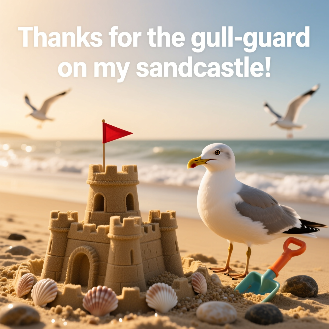 At the top of the image, add: "Thanks for the gull-guard on my sandcastle!"

Ultra-high-definition 4K UHD photograph, portrait orientation. Golden-hour beach scene with accurate natural lighting and rich depth of field. Low, eye-level camera close to the sand (50mm lens look, f/2.8, ISO 100, 1/800s). Foreground: a meticulously sculpted sandcastle with crisp edges, shell trim, and a tiny red flag; grains of damp sand sparkle in the sunlight. Right beside it, a photorealistic seagull stands proudly, head slightly tilted with a cheeky, friendly “smile,” chest puffed like a vigilant guard. The gull’s feathers show lifelike texture and soft rim light. Nearby: a small plastic shovel half-buried and a few pebbles for scale. Background: gentle waves and horizon softly blurred, a couple of distant gulls bokeh’d in the sky. Color grading is warm and natural, with realistic shadows and highlights. On-image text styling: large, bold, clean sans-serif in bright white, centered at the very top with a subtle soft shadow for legibility; no other text, no logos, no watermarks, strictly photorealistic (no CGI or illustration).
Generated with these themes: Seagull smiling sandcastle, and .
Made with ❤️ by AI.