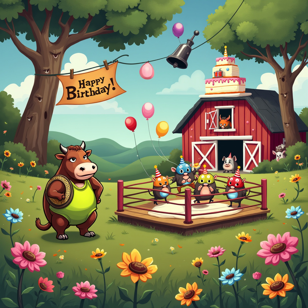 Imagine a lush, rolling field dotted with colorful, oversized flowers that seem to have faces, each expressing a different cartoonish emotion. In the foreground stands a robust, anthropomorphic cow dressed in a neon-green wrestling singlet with a championship belt slung over one shoulder. The cow's determined eyes are fixed on an old-fashioned wrestling ring in the middle of the field.

In the ring, a troupe of stoats, each donning miniature wrestling masks in a rainbow of colors, are engaged in an epic wrestling match. They grapple and tumble, with some performing high-flying maneuvers off the ropes. The stoats have exaggerated, dynamic poses that give the scene an energetic and humorous vibe.

To the side of the ring, a cowbell is mounted on a wooden post with a quirky, hand-painted sign that reads "Birthday Bash Bout!" Balloons float around the post, tethered with brightly colored strings.

Behind the wrestling ring, there’s a giant birthday cake with multiple tiers, each decorated in whimsical, pastel colors. Atop the cake, a tiny, tuxedo-clad stoat holds a microphone, apparently the announcer for this wild birthday wrestling match. 

In the background, there’s a stylized barn with a classic red façade and white trim, reminiscent of a vintage cartoon. Peeking out from the barn doors are more animals – chickens, pigs, and a couple of goats – all wearing tiny party hats, eagerly watching the action unfold.

Above it all, a banner strung between two trees with broad, sweeping branches reads, "Happy Birthday!" in bold, playful letters. The trees themselves have faces etched into the bark, looking amused and engaged, as if they're cheering on the wrestlers.

This surreal, dynamic scene perfectly combines the whimsical nature of a birthday celebration with the unexpected thrill of a wrestling match, starring a cow and a troupe of lively, masked stoats.
Generated with these themes: Cow, Wrestling, and Stoats.
Made with ❤️ by AI.
