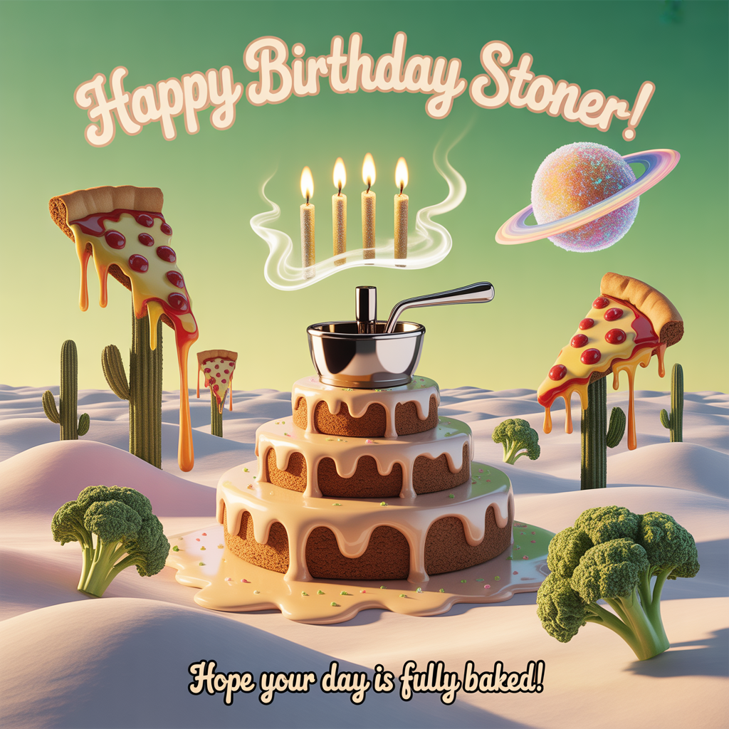 At the top of the Surreal Style image, "Happy birthday stoner!"
At the bottom of the image, "Hope your day is fully baked!"

- Dali-inspired dreamscape: a vast, frosting-white desert under a pistachio sky, lit with ethereal golden-hour light and long, liquid shadows.
- Centerpiece: a colossal tiered birthday cake shaped like a chrome grinder, slowly melting into sugary dunes. The candles are tiny rolled joints with glowing ember tips; their smoke curls upward into soft, wispy tendrils that echo the top text’s airy style.
- Surrounding oddities: drooping pizza-slice “clocks” draped over towering cannabis-leaf cacti, their hands pointing to 4:20; a crescent-moon taco floating low, spilling nebula-colored salsa that becomes a small rainbow river; donut planets with crystallized sugar rings orbiting lazily above.
- Edible flora: broccoli-like bud trees sparkling with glassy trichome dew; a bendy silver fork puddling like mercury; a spoon stretching into the horizon like a mirage.
- Palette: sage and mint greens, amethyst haze, honey-gold highlights, and creamy pastels; soft, misty atmosphere, painterly textures, melting shapes, and playful, surreal humor.
- Render the top text in wispy, smoky lettering; render the bottom text as glossy frosting script piped across the sand. No people, no logos.
Generated with these themes: Weed, Food, Canabis, and .
Made with ❤️ by AI.