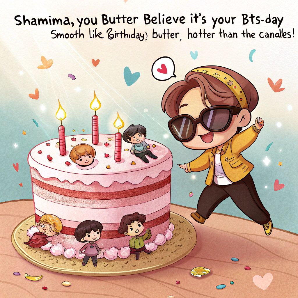 At the top of the image, "Shamima, you butter believe it's your BTS-day — smooth like (birthday) butter, hotter than the candles!"

- In the center of the illustration, show a super cute cartoon version of Shamima wearing funky party shades, surrounded by seven tiny, chibi-style BTS members dancing around a giant slice of cake shaped like a vinyl record.
- The cake has sparkly frosting, musical notes floating up from it, and candles spelling out “DYNAMITE”.
- The background is bright and joyful, with confetti, disco lights, and heart-shaped balloons featuring BTS emblems floating around.
- A miniature mic-drop moment is happening in one corner, with one of the BTS characters cheekily flipping a frosted cupcake into the air.
Generated with these themes: BTS .
Made with ❤️ by AI.