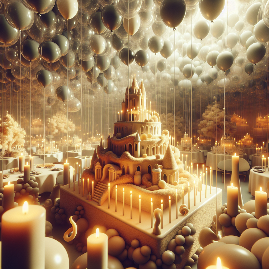 Imagine a room filled with an ethereal arrangement of floating balloons, offering a surrealistic touch. Some balloons are transparent and contain miniature landscapes encapsulated within, introducing elements of the dream world into an otherwise realistic environment. At the core, there's an elaborate cake fashioned to look like a complex sandcastle, its candle turrets shining like minuscule lighthouses. Comforting swirls of soft yellow light permeate every nook and cranny, casting a warm glow while hinting at the uncanny alliance of reality and fantasy.
Generated with these themes: Yellow.
Made with ❤️ by AI.