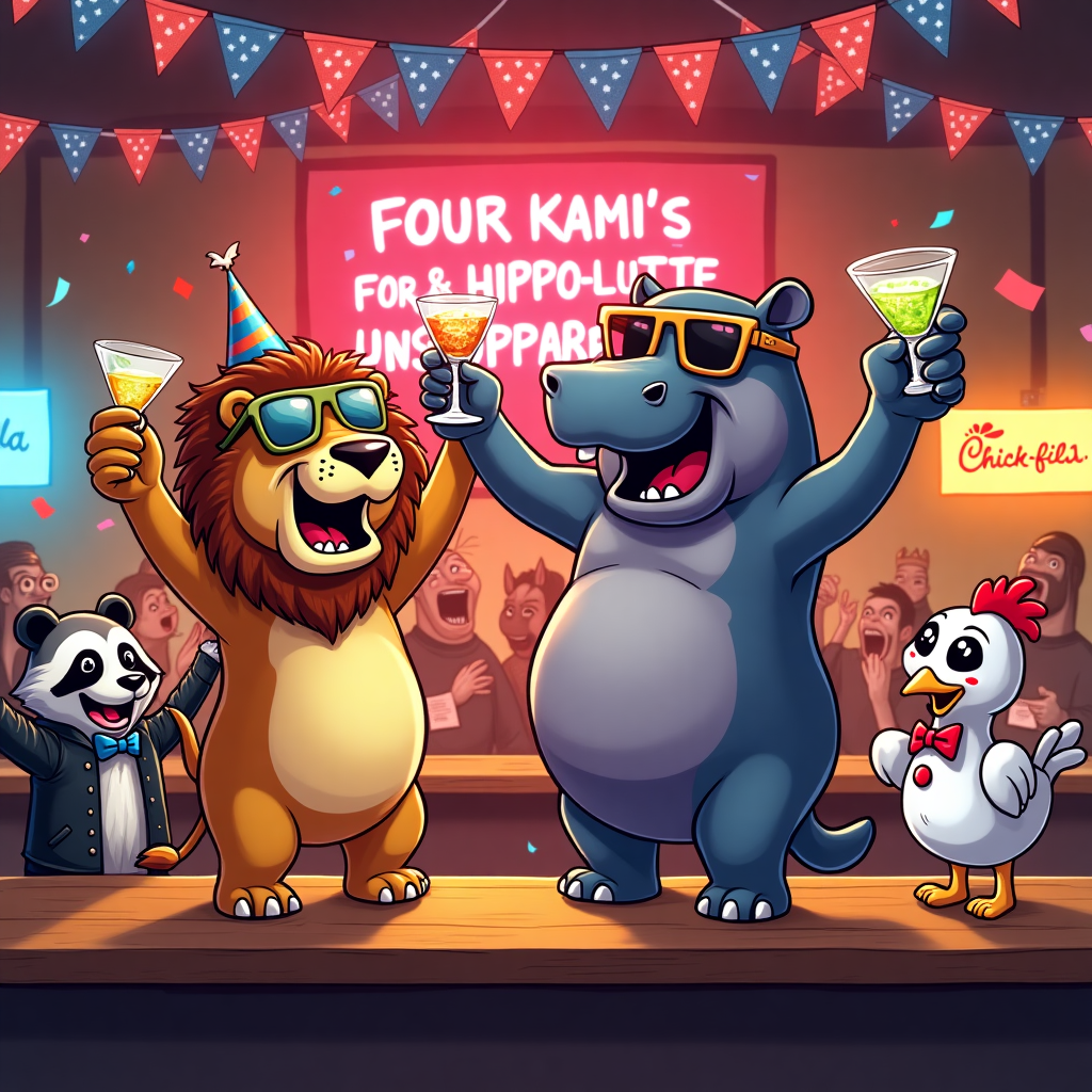 Bar scene with a male lion and a female hippopotamus on top of the bar table, American flags, A sign on the wall saying "four kami`s for the price of one!!", A separate counter on the right side with a sign saying "Chick-fil-A", and A few joyous guests with drinks in their hands Congratulations Card