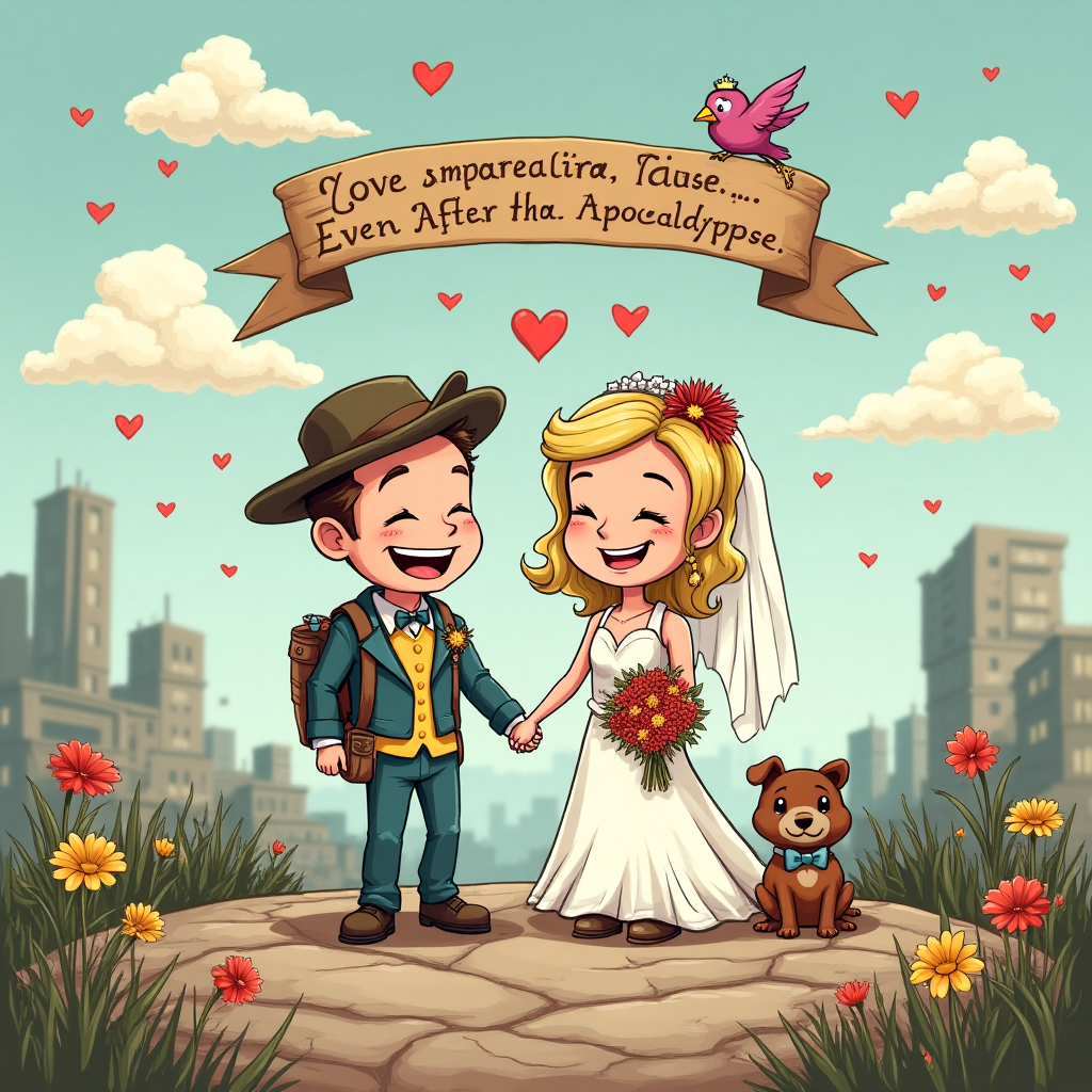 At the top of the Cartoon Style image, include the text: "Congratulations on your special day".

**Image Description:**

In a whimsical cartoon world inspired by the Fallout theme, a romantic post-apocalyptic wedding scene unfolds. A joyful cartoon couple, dressed in quirky, makeshift wedding attire made from salvaged materials, stands atop a hill overlooking a landscape with remnants of a once-bustling city. The couple is lovingly holding hands, their exaggerated features displaying pure happiness. Around them, vibrant wildflowers bloom through the cracked pavement, adding pops of bright colors against the muted background. In the sky, fluffy clouds form heart shapes as cartoon birds with little hats circle playfully. 

A small cartoon dog wearing a bow tie sits next to them, holding a makeshift bouquet in its mouth. A caption on a whimsical banner above reads: "Love Never Fades, Even After the Apocalypse!"
Generated with these themes: Fallout, and .
Made with ❤️ by AI.