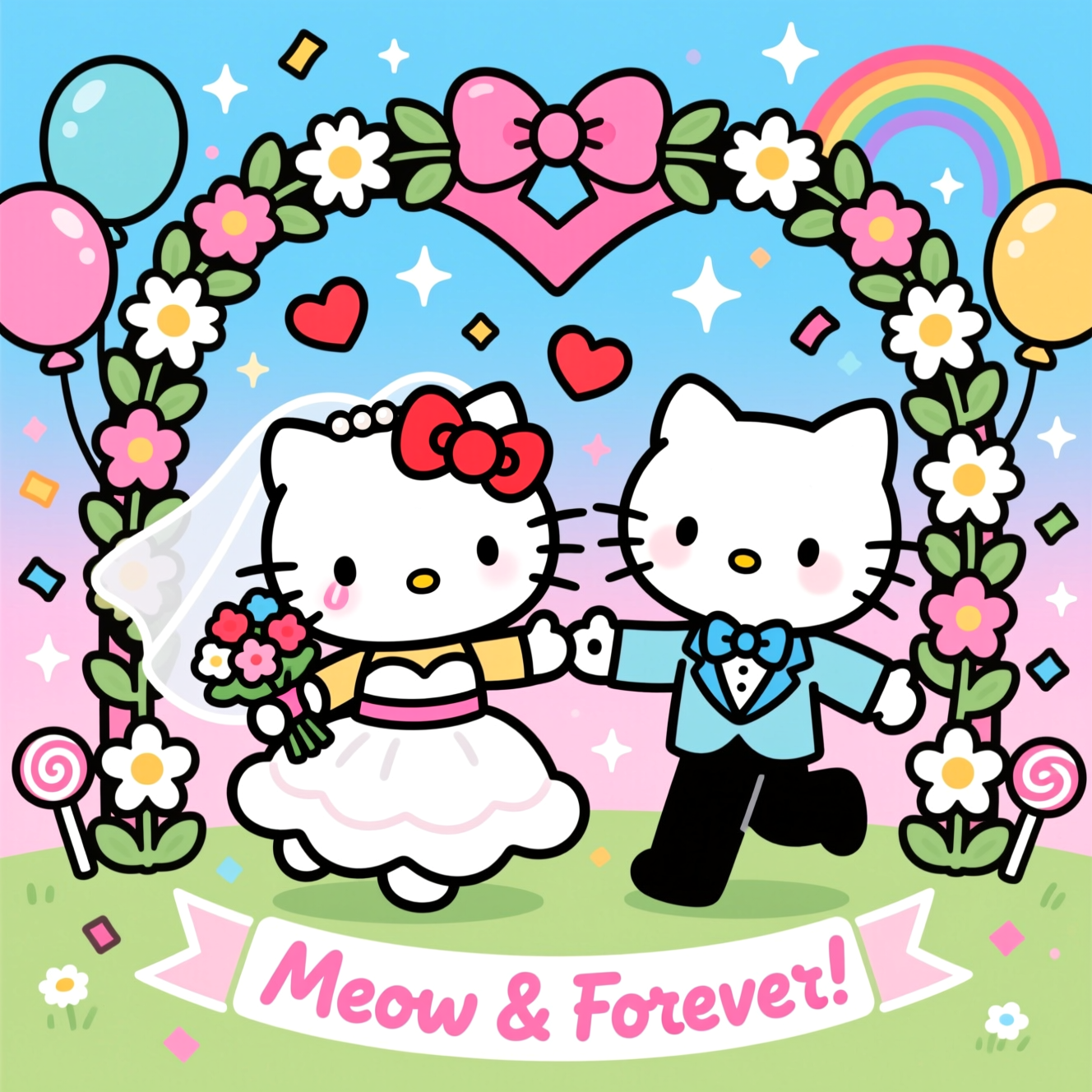 Playful, cute cartoon wedding scene in bright, saturated colors and thick black outlines: Hello Kitty as a blushing bride and her white cartoon cat groom under a giant heart-shaped floral arch, confetti hearts and bows swirling, rainbow balloons and candy-colored daisies, pastel pink-to-sky-blue gradient background, sparkles and star twinkles. Exaggerated chibi proportions (big heads, tiny bodies), whimsical energetic pose—she mid-twirl with bouquet, he reaching out, paws touching. Hello Kitty wears a poofy white dress with a blush-pink ribbon sash, pearl veil, and her signature red bow; the groom wears a pastel blue tux with a bow tie. Clean cel shading, crisp vector-like finish. Include a small curved ribbon banner at the bottom with hand-lettered text: “Meow & Forever!” in bubbly candy-pink letters with a white outline. No other text.
Generated with these themes: Hello kitty, and .
Made with ❤️ by AI.