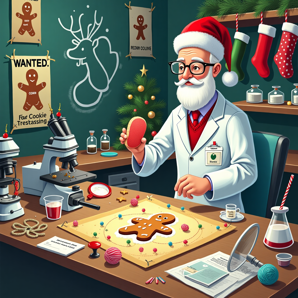 In this delightfully quirky Christmas card scene, imagine a bustling forensic laboratory that's been cheerfully transformed into a festive holiday wonderland. The centerpiece is a long lab table, covered with an assortment of scientific paraphernalia, each festooned with tiny Santa hats and colorful tinsel. Microscopes are adorned with twinkling fairy lights, and petri dishes are filled with glittering faux snow. On the table, a peculiar forensic investigation is underway: Santa's signature red mitten is magnified under a glass, surrounded by a dusting of cookie crumbs and a glistening puddle of spilled milk. Nearby, an evidence board features a comically detailed diagram of a gingerbread man, complete with strategically placed thumbtacks connected by strings of candy cane-striped yarn, hinting at a gingerbread heist. A magnifying glass rests beside a jolly forensic scientist, sporting a reindeer antler headband, carefully analyzing a Christmas-themed fingerprint dusting kit. In the background, a chalk outline of a missing gingerbread man is humorously drawn on the floor in white icing, while colorful Christmas stockings hang from the edge of a lab shelf, stuffed with candy canes and evidence bags labeled “Reindeer Fur” and “Mystery Jingle Bells.” The scene is vibrant with color and details, including a whimsical array of holiday-themed forensic tools, such as a beaker filled with eggnog and a pair of tweezers holding a single, suspiciously red-and-white striped strand of tinsel. The walls are adorned with oversized, vintage-inspired posters of Santa and his reindeer, with one labeled “Wanted: For Cookie Trespassing.” This eccentric combination of forensic investigation and Christmas cheer promises to bring a smile to anyone who receives this unique holiday card.
Generated with these themes: forensics.
Made with ❤️ by AI.