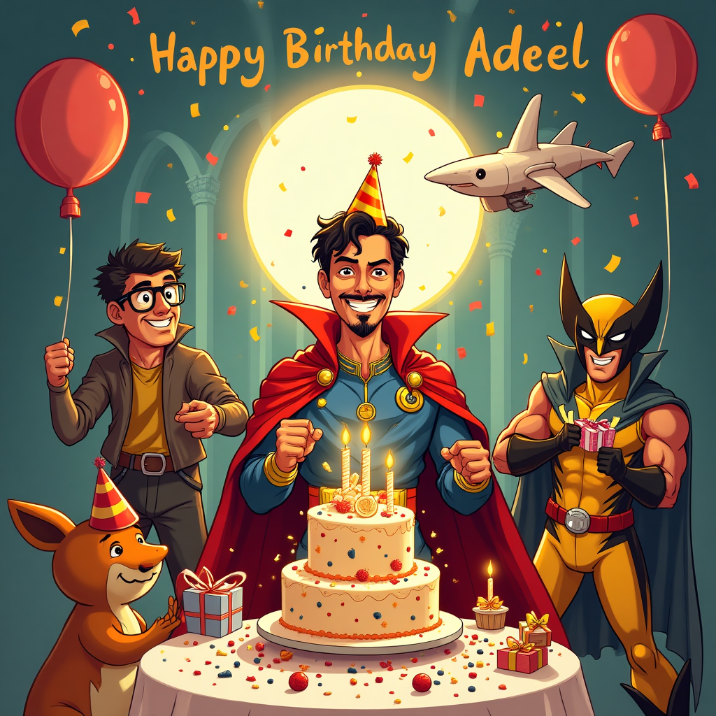 At the top of the Illustration Style image, hand-letter “Happy Birthday Adeel” in bold, playful script with a warm golden glow.

Create a funny, hand-drawn party scene with fine linework, textured brush strokes, a balanced composition, and a warm, expressive color palette. Center stage is Doctor Strange (brown-skinned), the birthday boy, wearing a tilted party hat and the Cloak of Levitation, conjuring a shimmering, cake-shaped magic portal that sprinkles confetti and candle sparks. To the left, Overwatch’s Winston grins in nerdy glasses, proudly presenting a banana-topped cake while streamers curl around his jetpack. On the right, Overwatch’s Sigma floats serenely, making the party go zero-gravity—slices of cake, balloons, and tiny gifts orbit playfully around him. Moon Knight swoops in with his white cape billowing, using a crescent dart like a cake slicer; Wolverine, in classic yellow-and-blue, holds candles neatly perched on his extended claws, smirking as the flames flicker. In the foreground, Jeff the Land Shark in a tiny party hat chomps a balloon string with a goofy smile, while a cheerful kangaroo in a bow tie bounces in with a stack of wrapped presents peeking from its pouch. The backdrop blends Sanctum-like arches and a starry portal glow, with ribbons, confetti, and warm ambient light unifying the scene. Use warm reds and golds against deep teals and blues, soft paper grain, and expressive brush textures; keep the layout dynamic yet balanced, portrait orientation, full-bleed, with clear breathing room around the characters.

Add a tiny, cheeky caption at the bottom in hand-lettering: “No gravity can hold this party down!”
Generated with these themes: Overwatch Winton, Moonknight Marvel, Overwatch Sigma, Wolverine Marvel, Jeff the Land Shark , Kangaroo , Dr Strange the birthday boy (brown), and .
Made with ❤️ by AI.