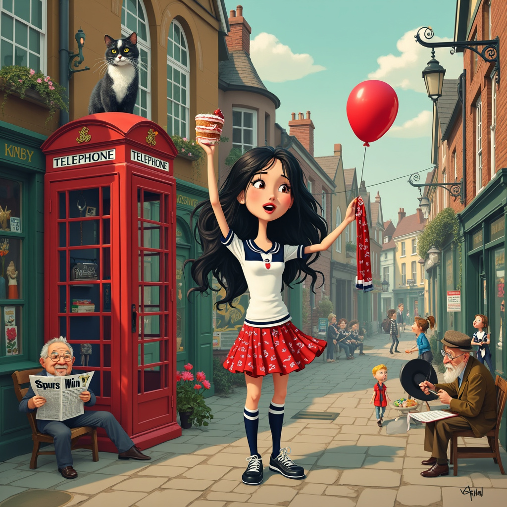 The scene takes place on a whimsical street corner that combines elements of a typical British town and a fantastical, storybook landscape. The cobblestone streets are lined with quaint, Tudor-style shops, each brimming with quirky signs and vibrant storefronts. A vintage red telephone booth stands on one side, emblazoned with a tiny Banksy rat stencil wielding a paintbrush.

Front and center is Sonja, the birthday girl, captured in a mid-animated cheer. She is a striking figure with dark, flowing hair cascading over her shoulders, accentuated by a bold swipe of red lipstick. She's dressed in a fun yet casual outfit: a Tottenham Hotspur jersey tucked into a whimsical, flowing skirt covered in tiny, hand-drawn spurs logos. Her right hand is raised, holding a half-eaten slice of birthday cake, while her left hand proudly waves a Spurs scarf above her head.

Surrounding Sonja are various nods to Banksy’s artwork. A wall behind her displays a spray-painted Tottenham Hotspur cockerel, reimagined in Banksy’s distinctive stencil style. Peeking out from behind the corner of a building is a life-sized graffiti girl holding a red balloon shaped like a birthday cake. 

A charming shop window nearby features a display of old-fashioned soccer memorabilia, and perched atop the roof of this shop is a mischievous black-and-white cat, a nod to Beatrix Potter's style, observing the festivities below.

In the background, a group of tiny, illustrated characters—reminiscent of Maurice Sendak's Wild Things—can be seen dancing and playing musical instruments, adding an air of joyful chaos to the scene. One of them holds a large banner that reads "Happy Birthday Sonja," written in colorful, hand-drawn letters. 

To the left, an elderly man sits on a bench, reading a newspaper with an enormous headline proclaiming "Spurs Win!" while a small child, styled in Edward Gorey's detailed penmanship, tries to peek over his shoulder. 

Finally, a street artist, sporting a cheeky grin and a beret, is busy painting a birthday cake on an easel propped up next to the phone booth, his palette filled with vibrant, birthday-themed colors. He’s surrounded by tiny, hopping bunnies in Arthur Rackham’s detailed style, adding a touch of whimsy and delight to this fantastical birthday celebration. 

The entire scene is a delightful blend of artistic influences and playful storytelling, creating a unique, detailed world that celebrates Sonja’s special day with humor and charm.
Generated with these themes: Female, Dark hair, Red lipstick, Spurs soccer club supporter, and Banksy. Happy Birthday Sonja .
Made with ❤️ by AI.