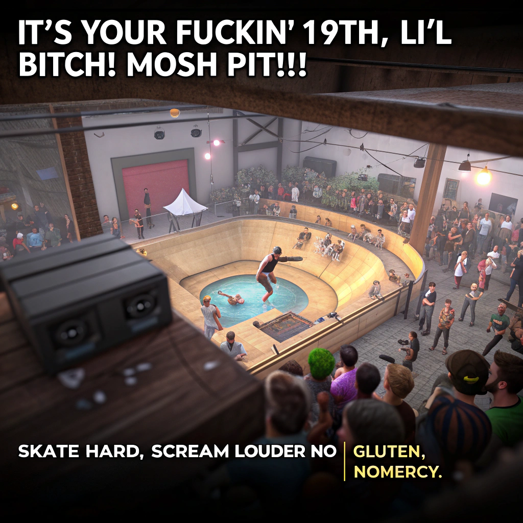 At the top of the Photorealistic picture taken from a camera image, "It's your fuckin' 19th, Li'l Bitch! MOSH PIT!!"

At the bottom of the image, "Skate hard, scream louder—no gluten, no mercy."

Ultra-high-definition 4K UHD photorealistic camera shot, full-frame 35mm lens at f/1.8, off-camera flash freezing mid-chaos with crisp detail and shallow depth of field. A throbbing DIY basement skate-park show mid-mosh: the birthday legend stage-dives off a scuffed half-pipe into a sweaty circle pit, long curly hair whipping through the air, septum and eyebrow piercings catching the flash. Hardcore band thrashes behind them—singer mid-scream into a wired mic, stacks buzzing, stompboxes lit. White Claw cans fly overhead with bursting fizz and cold condensation beads sparkling in the strobe. A wide-eyed Boston terrier in a tiny spiked harness and dog-ear protection springs at the frame, tongue out, motion blur on paws.

Horror video-game vibes bleed in from the background: a retro CRT glows sickly green-blue with a paused survival-horror HUD (health bar, inventory icons, static flicker), casting eerie light onto concrete walls tagged with scribbles like “SAVE ROOM” and clawed tally marks. On an amp, an open pizza box boldly stamped “GLUTEN-FREE,” half-eaten slices with flaky cauliflower crust crumbs; a toppled cupcake with a waxy 19 candle smears frosting on grip tape. Skateboards stand upright like shields; one rider carves the bowl edge in the background, wheels spinning. Atmosphere thick with haze, red gel lights and string bulbs, dust motes sparkling; gritty textures—scuffed decks, torn band patches, sweat sheen, dog fur—pop with lifelike realism. The top text sits in a torn punk-flyer, distressed white-on-black banner; the bottom line in sharp neon-acid green, clean and punchy. Raw, rude, riotously alive.
Generated with these themes: Horror video games, facial piercing, hardcore music, gluten free foods, skateboarding, boston terriers, white claw liquor, long curly hair, and .
Made with ❤️ by AI.