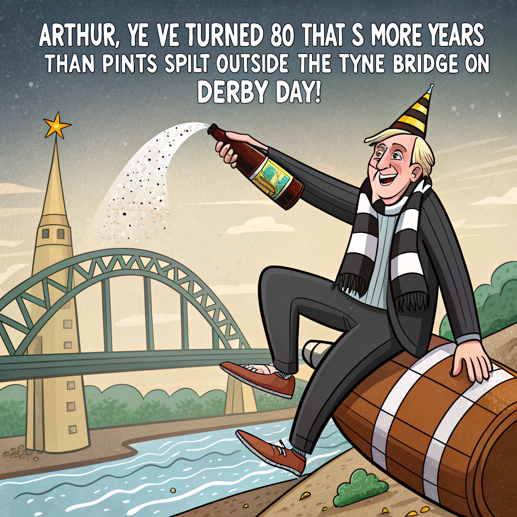 At the top of the image, "Arthur, ye’ve turned 80 – that’s more years than pints spilt outside the Tyne Bridge on derby day!"

– The image is a quirky, cartoon-style illustration showing Arthur (a cheerful older Geordie bloke wearing a Newcastle United scarf and party hat) riding a giant bottle of Single Malt Whisky like a bucking bronco over the Tyne Bridge.

– The Tyne Bridge arches over a surreal landscape combining landmarks: St. Mary’s Lighthouse perched on a giant Newcastle Brown Ale bottle; the Spanish City dome decorated with bunting and birthday balloons; and Tynemouth Abbey having a party with dancing monks holding footballs and beer steins.

– Seagulls fly past carrying slices of birthday cake, one snatches Arthur’s wig (he’s laughing), and another holds a little flag that says “Still a Toon Legend!”

– A group of puffins on Whitley Bay beach are watching the spectacle, one holding a sign that reads “Whey Aye! Still Got It!”

– Colour palette is rich, with deep brown ales, ocean blues, lighthouse whites, and party colours that pop in contrast.

– General mood: over-the-top, funny, local-pride-packed chaos with heartfelt charm.
Generated with these themes: Newcastle, Newcastle Brown Ale, Whitley Bay, Tynemouth, 80, Single Malt Whisky, Newcastle United Football Club, Tyne Bridge, St. Mary's Lighthouse, Tynemouth Abbey, and Spanish City.
Made with ❤️ by AI.