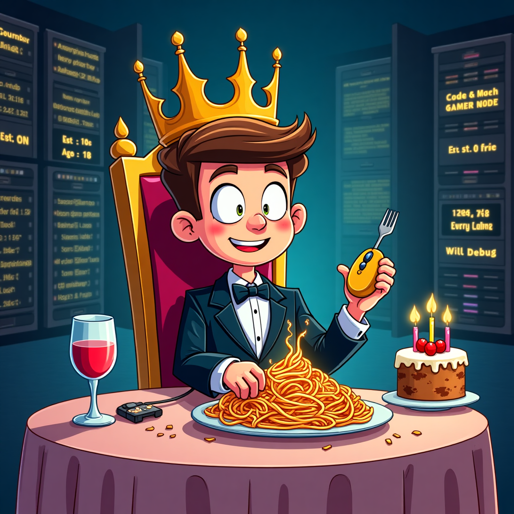 **Image Prompt:**

At the top of the cartoon image, **“LEVEL 18 UNLOCKED: Lewis Now Codes in Caviar!”**

A colourful, funny cartoon scene: Lewis, depicted as a wide-eyed teenage gamer wearing a crown made of tangled HDMI cables, sits on a throne made entirely of pizza boxes and game controllers. He's at a luxurious candlelit table in the middle of a darkened server room. A butler in a tuxedo (possibly a humanoid robot) is elegantly serving a silver platter that reveals... a perfectly plated pile of spaghetti code. In one hand, Lewis wields a golden gaming mouse like a royal scepter; in the other, a fork twirls code snippets like spaghetti. A holographic birthday cake hovers beside him, lit with binary digits for candles (1s and 0s). Behind him, LED signs blink "Gourmet Gamer Mode: ON" and "Code & Caviar – Est. Age 18".

Add comical little details, like a fine wine glass filled with energy drink, and a napkin tucked in his shirt that says "Will Debug for Cake".
Generated with these themes: Gamer, Enoys fine dining, 18th Birthday, and Coder.
Made with ❤️ by AI.
