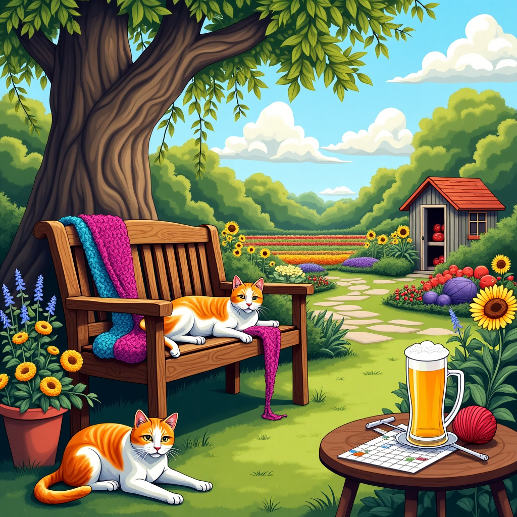 The scene is set in a lush, vibrant garden teeming with life and a touch of whimsy. In the foreground, a beautifully crafted wooden garden bench sits under a gnarled old willow tree with its tendrils reaching gracefully to the ground. The bench is the focal point, adorned with a brightly colored, half-knitted scarf draped over its armrest, the yarn's strands trailing down in vibrant hues of magenta, turquoise, and sunflower yellow. A pair of vintage silver knitting needles rest beside it, one still entwined with the yarn.

To the left of the bench, a ginger and white cat sprawls lazily, its tail flicking contentedly. The cat's fur is richly detailed, with an expressive face, whiskers twitching as if it were contemplating its next nap. Behind the cat, a terracotta pot overflows with cascading marigolds and bluebells, their colors a cheerful contrast against the garden's deep green foliage.

In the background, rows of meticulously maintained vegetable patches and flower beds stretch out. Sunflowers tower over a patch of ripe red tomatoes and purple cabbages. A stone path meanders through the garden, leading the eye toward a small, rustic wooden shed where an open window reveals a glimpse of colorful spools of yarn and a knitted patchwork blanket peeking out.

On the right side of the scene, a small round table is set up with a half-finished crossword puzzle and an intricately designed pint glass filled with golden beer, catching the dappled sunlight that filters through the tree leaves. The beer's frothy top glistens invitingly, bubbles rising to the surface.

In the sky, whimsical puffy clouds take on shapes reminiscent of knitting patterns. Among these clouds, a subtle banner unfurls with "Mum" scripted elegantly in the sky, as though written by a gentle breeze. 

The overall illustration combines the detailed expressiveness of Norman Rockwell's Americana with a touch of Beatrix Potter's charming nature elements. Each object is richly colored, with an eye for texture and detail, creating a scene that feels both lively and serene.
Generated with these themes: Garden, Knitting, Grey short haired, good looking woman, Ginger and white cat, and Beer.
Made with ❤️ by AI.