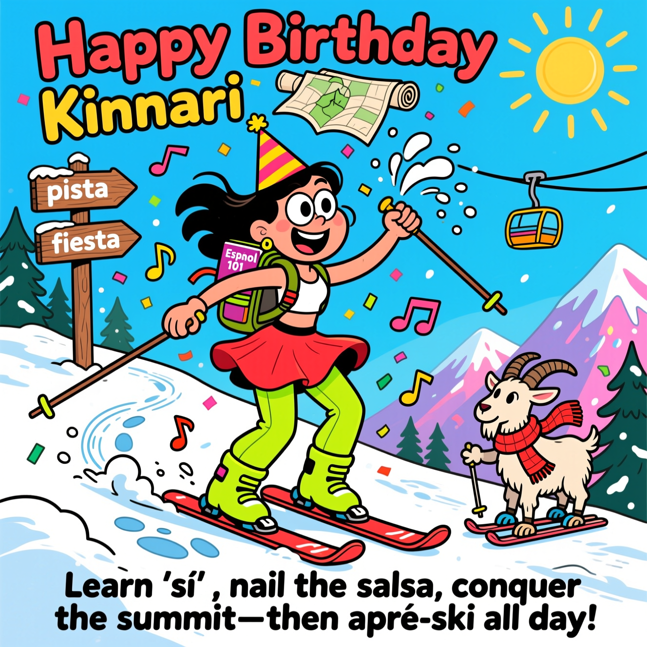 At the top of the Cartoon Style image, "Happy Birthday Kinnari"

At the bottom of the image, "Learn 'sí', nail the salsa, conquer the summit—then après-ski all day!"

- In the center, depict a playful, high-energy cartoon scene: Kinnari (big expressive eyes, oversized grin) mid-salsa twirl on a snowy mountain ridge. She’s in neon ski boots clipped into skis, a fluttery red dance skirt peeking over bright ski pants, and a jaunty party hat. A hiking backpack bounces behind her, with a visible Spanish phrasebook labeled “Español 101” and a rolled trail map.
- Her ski poles are held like a dance partner, kicking up a curving spray of snow; hiking footprints and ski tracks crisscross beneath her like a goofy dance-step diagram. Music notes and confetti swirl around.
- A wooden signpost in Spanish points three ways: “pista,” “cima,” and “fiesta.” A goofy mountain goat in a scarf wobbles on tiny skis trying to copy her moves.
- Background: bright blue sky, sunburst, distant chairlift, pine trees, and candy-colored peaks.
- Style notes: thick black outlines, bright saturated colors, exaggerated proportions, whimsical and energetic poses. Make the top headline bold, chunky, and celebratory; the bottom punchline playful and punchy.
Generated with these themes: Learning Spanish, Dancing, hiking, skiing, and .
Made with ❤️ by AI.