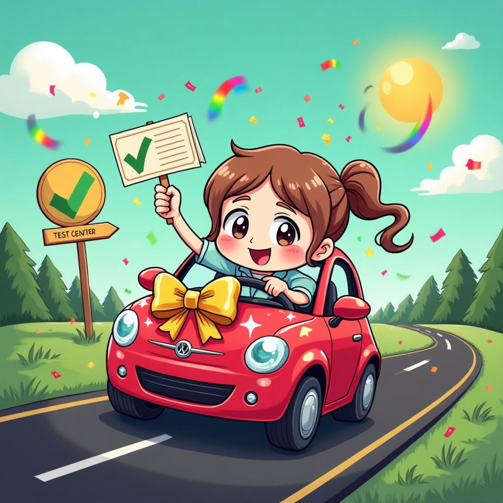 At the top of the Cartoon Style image, “Meghan, Wheel Done!”

Playful, cute, high-energy cartoon scene in bright saturated colors with thick outlines: a light-brown–haired young woman (big sparkling eyes, rosy cheeks, chibi proportions) joyfully driving a shiny new compact car bursting with personality. The car is cherry-red with a giant golden bow on the hood and bubbly highlights; dynamic motion lines and sparkles trail behind. She grips the wheel with one hand while triumphantly lifting a pass certificate featuring a big green checkmark in the other; a jangly car key with a star charm glints near the mirror. The road is a bold, inky-black ribbon with chunky dashed lines, looping and swirling into a heart shape as it winds through the scene, kicking up confetti-shaped dust puffs and whimsical whoosh lines. Surrounding details: sunny teal sky with fluffy clouds, rainbow confetti and streamers, cute signposts bearing green checkmark symbols, and a distant, simplified test center silhouette. Exaggerated proportions, energetic pose, and an overall adorable vibe. Keep the top sky area clean for the caption; no additional text in the scene.
Generated with these themes: New car , Passing driving test , Female driver , Roads, Light brown haired female, and .
Made with ❤️ by AI.