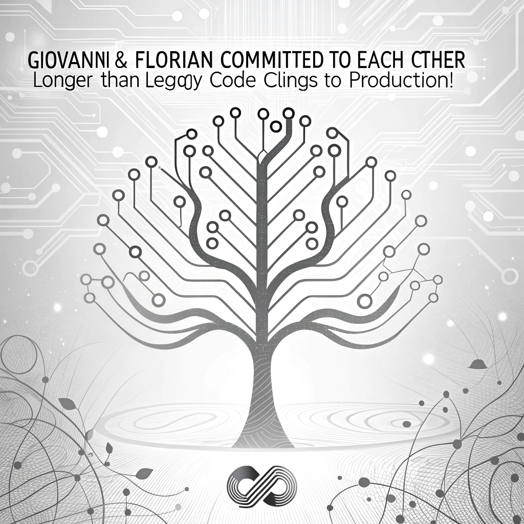 At the top of the abstract image, "Giovanni & Florijan—committed to each other longer than legacy code clings to production!"  

– Create a solemn, minimalist abstract visual composition: swirling monochrome circuitry lines slowly dissolve into organic, branching tree-like data flows, symbolizing years of shared evolution. Subtle nods to IT—such as softly glowing binary in the background and a faint heartbeat-pulse of network cables—give depth to the image. In the center, a faint stylized infinity symbol made of broken code brackets floats serenely, representing timeless connection and elegant errors.
Generated with these themes: Business, IT, Code, and .
Made with ❤️ by AI.
