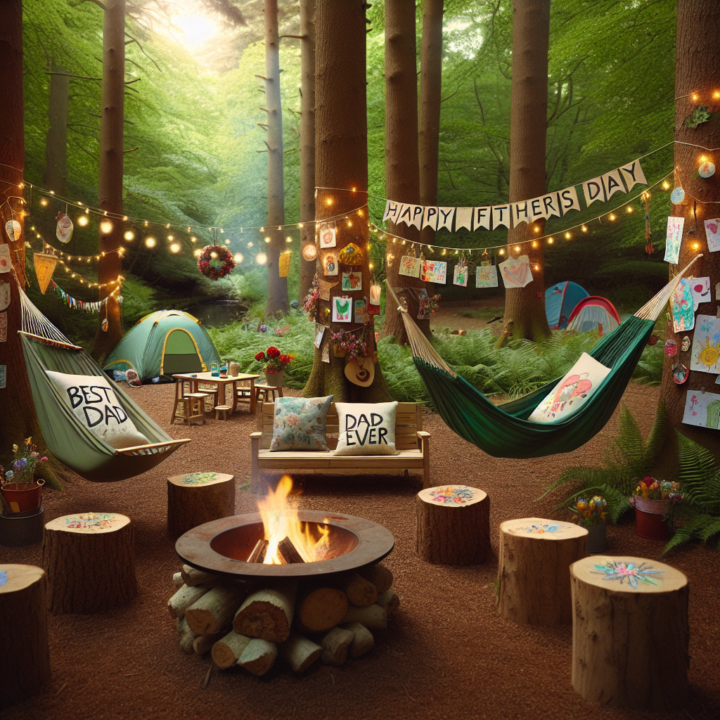 Imagine a serene forest clearing with a softly babbling stream flowing subtly nearby. Two unused, inviting hammocks are suspended between the trees, bedecked with homemade cushions that bear the words 'Happy Father's Day'. Around a central fire pit, do-it-yourself wooden stools have been artfully arranged in a circle for evening gatherings. A cheerfully crafted banner declaring 'Best Dad Ever' gracefully spans the breadth of the campsite. Children's colorful and imaginative drawings are lovingly pinned to tree trunks, radiating fun and creativity. A camping tent, just barely in view, twinkles softly with fairy lights and is adorned with paper cut-outs of hearts and stars, lovingly made.
Generated with these themes: Diy, and Camping.
Made with ❤️ by AI.