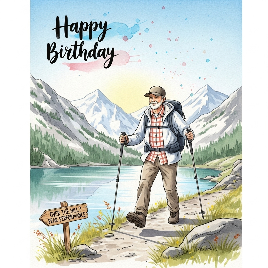At the top of the Watercolor Style image, Happy Birthday

Vertical, airy watercolor scene in soft washes and delicate gradients: a clean-shaven older man (no beard, no stubble) hiking cheerfully along a sunlit alpine trail, wearing a weathered baseball cap, light windbreaker over a plaid shirt, hiking pants, and sturdy boots. He plants two trekking poles confidently, mid-stride, as a sparkling lake stretches below and grand snow-dusted mountains rise behind. The sky is a luminous cerulean with subtle pigment blooms; the lake mirrors turquoise and pine greens; rocks and grasses are hinted with loose, playful spatter and dry-brush texture on natural paper grain. Keep an uncluttered swath of sky for the title in hand-painted brush lettering with a gentle watercolor bleed. Add a small wooden trail sign near the foreground with a single cheeky painted line: “Over the hill? Peak performance.” Light is fresh morning; mood is funny, upbeat, and outdoorsy. Slight low-angle perspective to make him look triumphantly “mid-summit,” with a few whimsical splashes suggesting confetti on the breeze.
Generated with these themes: Older man with no beard, Hiking, Hiking sticks, Mountains, Lakes, Baseball cap, and .
Made with ❤️ by AI.