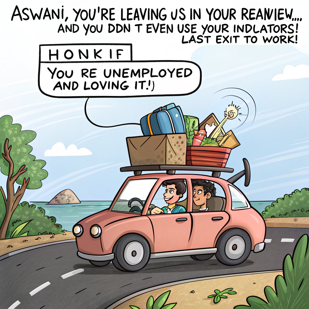 At the top of the image, "Aswani, you're leaving us in your rearview... and you didn’t even use your indicators!"  

- Show a cartoon-style illustration of Aswani zooming off in a tiny, ridiculously over-packed convertible car — luggage tied precariously to the roof, plants hanging out of the trunk, and confused co-workers in the rearview mirror.  
- Add flying road signs like “Last Exit to Work!” and “Honk If You’re Unemployed (and Loving It!)”  
- In the passenger seat is a GPS with cartoon eyes saying, “Next turn: FREEDOM!”  
- In the background, office buildings slump sadly as confetti floats in the air.
Generated with these themes: Driving , and .
Made with ❤️ by AI.