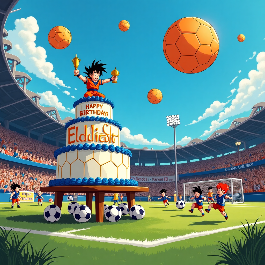 The scene is a lively and bustling birthday party set on a football pitch, capturing the essence of a vibrant celebration infused with elements of Everton, FIFA, and Dragonball.

**Foreground:**

- At the center, a large birthday cake shaped like a football, detailed with precise hexagon and pentagon patches, stands tall on a small wooden table. The cake's icing is Everton blue and white, with the words "Happy Birthday Elliott" artfully piped in bold yellow icing. A miniature Dragonball character figurine, like Goku, is perched triumphantly atop the cake, in a dynamic pose, holding a miniature golden trophy with the FIFA logo on it.

- Surrounding the cake are party hats in the shape of Dragonball radar devices, intricately drawn with antenna details, scattered about the grass. Small footballs with the Everton emblem printed on them are also scattered.

**Background:**

- The background depicts the towering stands of Goodison Park, skillfully rendered in a detailed, illustrative style reminiscent of Norman Rockwell's Americana scenes. The stands are filled with cartoonish, exaggerated caricatures of jubilant Everton fans, waving flags and wearing team scarves.

- Floating in the sky above the stadium, the iconic Dragonballs hover like festive balloons, their brilliant orange hue standing out against a vividly blue sky. Wispy clouds are sketched around them, providing contrast and depth.

- Near the goalpost, on the right side of the card, a group of children dressed as various Dragonball characters are engaged in an animated football match, their movements dynamic and exaggerated in style akin to Quentin Blake's playful lines. Their costumes are vibrant, with a mix of blues, oranges, and greens.

**Additional Details:**

- A small banner strung between two lampposts in the background reads "Elliott's Birthday Bash" in a bold, gothic script inspired by Aubrey Beardsley's work, creating an elegant contrast to the playful scene.

- In the lower corners, tufts of realistic grass are intricately detailed, adding texture to the scene, while tiny creatures akin to Beatrix Potter's animal characters peek out, adding a touch of whimsy.

This detailed composition merges the charm of classic illustration with contemporary pop culture, creating a dynamic and visually stimulating birthday card that celebrates Elliott's special day with a nod to their interests.
Generated with these themes: Football, Everton, Fifa, and Dragonball.
Made with ❤️ by AI.