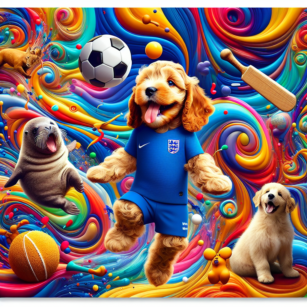 Close your eyes and imagine a birthday poster with a modern abstract background that swirls with bold and joyful colors. Right in the center of this artistic frenzy is a golden cockapoo puppy, its tongue hanging out in a playful pant, wearing a miniature soccer kit of England. Alongside the puppy, there are abstract representations of a cricket bat and ball, introducing a touch of sports into the scene. A lovable baby walrus is pictured nearby, seeming to chuckle and enhancing the overall festive air. Above everything, a delighted honey-loving bear, similar in appearance to famed children's story characters but distinct, floats down from a cluster of balloons, creating a feeling of whimsy and magic.
Generated with these themes: Gold cockapoo puppy with tongue out, England soccer, Cricket, Baby walrus, and Winnie the Pooh.
Made with ❤️ by AI.