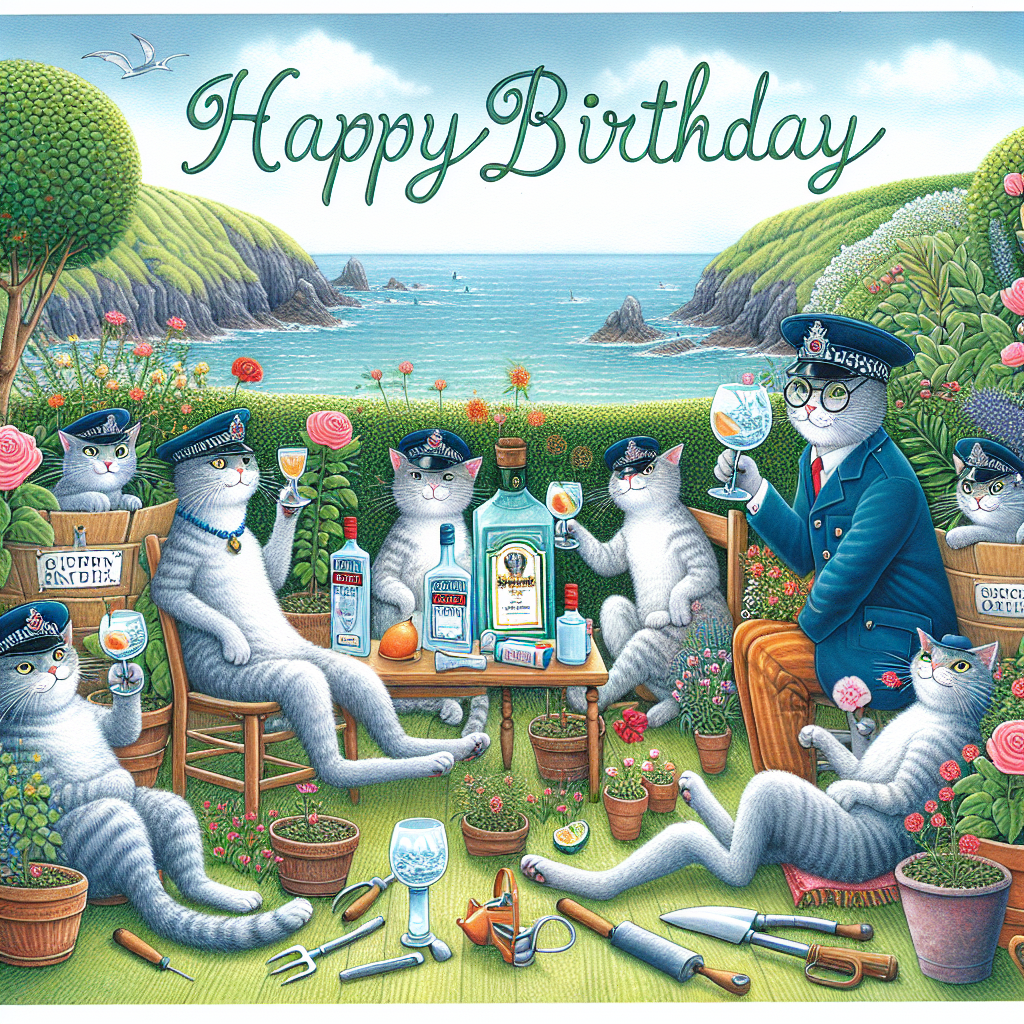 Create an endearing birthday illustration set in an idyllic garden in Cornwall. A group of adorable cats, each one wearing a police cap, are engaged in a joyous celebration. They are comfortably lounging among planters made of gin bottles and beds of flowers, with various gardening tools casually strewn about. One cat is toasting with a gin glass, while another cat is mischievously hiding behind a bush shaped like a large police badge. Above them, 'Happy Birthday' is inscribed in a graceful script. The captivating beauty of the coastal cliffs of Cornwall provides a picturesque backdrop.
Generated with these themes: Cats, Cornwall, Gin, Gardening, and Police.
Made with ❤️ by AI.