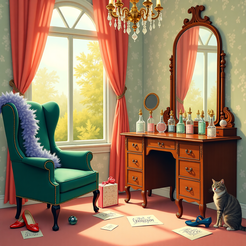 In the center of the card, imagine a charming, whimsical room overflowing with delightful details, reminiscent of Norman Rockwell’s storytelling and Quentin Blake's playful line work. The room is illuminated by the warm glow of an elegant Art Deco chandelier, its crystals casting playful reflections across the scene.

To the left, a vintage vanity table made of rich mahogany wood stands proudly, adorned with an array of womanly treasures. A classic Beardsley-inspired hand mirror with ornate floral engravings rests beside a collection of delicate perfume bottles. Each bottle, a different shape, echoes Aubrey Beardsley’s love for detailed, sinuous lines. Their glass surfaces are painted in soft pastel hues—lavender, blush pink, and mint green—reminiscent of Maxfield Parrish’s enchanting color palette.

Draped over the back of a plush, velvet chair, colored in deep emerald green, is a luxurious, vintage feather boa in vibrant peacock blue. Next to it, a pair of elegant, high-heeled shoes, one upright and the other casually toppled over, are crafted from shiny patent leather, reflecting a rich cherry red that could only be inspired by the bold strokes of N.C. Wyeth.

In the background, an Edwardian wallpaper with an intricate lace-like pattern, echoing the intricate designs of Arthur Rackham, sets a classic tone, creating a textural backdrop. A golden-framed mirror hangs above, reflecting a hint of the softly tinted rose-colored curtains drawn slightly apart to reveal a sunlit garden beyond—a nod to Beatrix Potter's natural settings.

Scattered across the floor are birthday cards with delicate, flowing calligraphy, alongside a whimsically wrapped gift with an oversized bow, painted in the exuberant style of Maurice Sendak. In one corner, a cat with fur meticulously illustrated à la Edward Gorey, lounges contentedly, adding a touch of eccentric charm.

This intricate, vibrant scene captures the essence of a celebration with every detail thoughtfully included, providing a rich tapestry of visuals inspired by the great illustrators of the past, ready to adorn a delightful birthday greeting card.
Generated with these themes: Woman's things, and Woman accessories .
Made with ❤️ by AI.