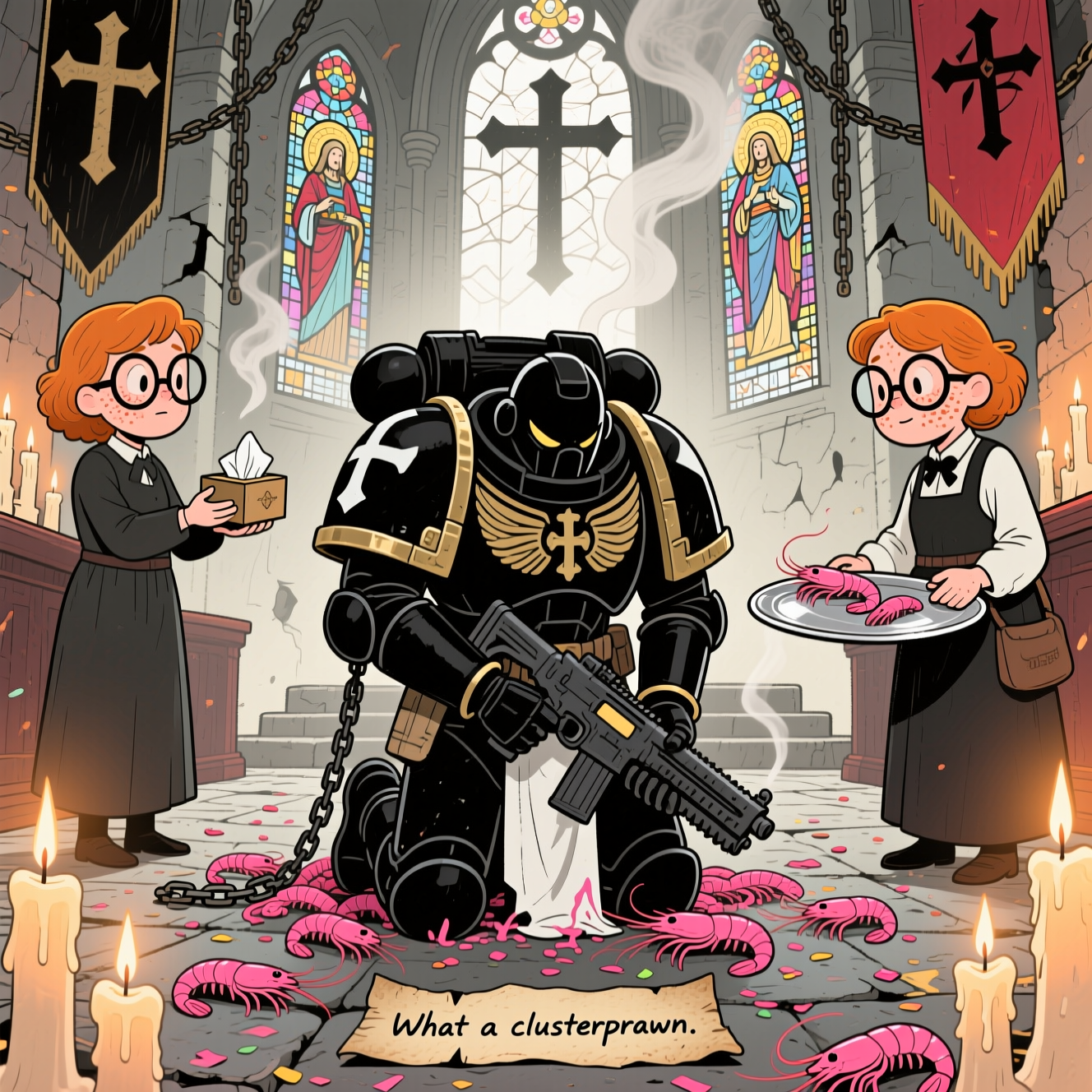 At the top of the Illustration Style image, Shame

Hand-drawn illustration with fine linework and textured brush strokes, balanced composition, warm, expressive color palette. Scene: a solemn Black Templars Space Marine kneels center-frame in a ruined gothic chapel, black armor with white tabard and crusader cross, head bowed, bolter chained and resting at his side. At his boots, a ridiculous spill of bright pink prawns litters the stone floor and clings to purity seals like confetti—absurd, a little tragic, and very inconvenient. To the left and right, two supportive attendants with ginger hair and freckles, both wearing oversized round glasses that catch the candlelight: one gently offers a tiny tissue box up toward the towering warrior, the other awkwardly steadies a silver platter still sliding with a few rogue prawns. Background: towering candles, stained-glass saints of the Imperium, hanging chains and banners with the Black Templars cross, drifting incense smoke. Expressive, slightly exaggerated gestures to capture rude-but-caring sympathy and deadpan gallows humor; no gore. Warm amber candlelight over desaturated blacks and ivory whites, muted crimson accents, soft paper grain.

At the bottom, in small hand-lettered text on a worn parchment scroll: What a clusterprawn.
Generated with these themes: Black templars. warhammer 40k. ginger people. glasses. prawns, and .
Made with ❤️ by AI.