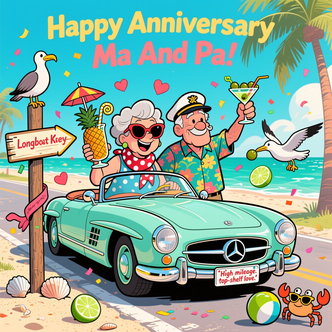 At the top of the Cartoon Style image, "Happy Anniversary Ma and Pa"

Playful, exaggerated cartoon scene on sunny Longboat Key with thick black outlines and bright, saturated colors. A sparkling mint-green classic Mercedes convertible with a comically long hood and shiny chrome details is parked on a palm-lined beach road beside turquoise water. Ma and Pa are cheerful, whimsical cartoon characters with oversized sunglasses and energetic poses: Ma, in a polka-dot scarf, holds a towering tiki cocktail with pineapple, umbrella, and a swirl straw; Pa, in a floral shirt and captain’s hat, winks while raising a martini bristling with olives. A weathered wooden beach sign post stands nearby with a surfboard-shaped arrow reading Longboat Key, seashells and sand at its base, a pelican perched on top. Confetti hearts, floating lime slices, and tiny cocktail umbrellas whirl around them; a mischievous seagull snatches an olive, and a small crab in sunglasses rolls a lime like a beach ball.

Add one small, cheeky line of text as hand-lettering on a ribbon near the bumper (or as the license plate): “High mileage, top-shelf love.”

Make the composition image-first with the car and characters large and central, the sign post clearly visible, and a sunny, celebratory, funny mood. Bright teal, coral, and sunshine yellow palette; crisp shadows; glossy highlights; bold, clean outlines.
Generated with these themes: Longboat Key, Mercedes, Cocktails, sign post, and .
Made with ❤️ by AI.
