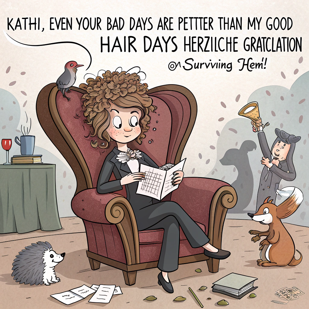 At the top of the image, "Käthi, even your bad days are prettier than my good hair days – Herzliche Gratulation on surviving them!"

- Illustrate a quirky cartoon scene of Käthi sitting in a dramatic, vintage-style armchair with an exaggerated mountain of tissues at her feet, holding a sympathy card and surrounded by a small cheering squad of sympathetic, but ridiculously overdressed animals — like a hedgehog in a tuxedo playing a tiny violin, and a squirrel wearing a pearl necklace offering tea.

- Above Käthi’s head, a “Wunderschöner Geburtstag?” thought bubble is popping, with a very sarcastic cupcake inside it looking utterly disinterested.

- Keep the tone warm, funny, and visually over-the-top to reflect ironic comfort and gentle teasing in the face of a bad day or disappointment.
Generated with these themes: Wunderschöner Geburtstag, Herzliche Gratulation, and .
Made with ❤️ by AI.