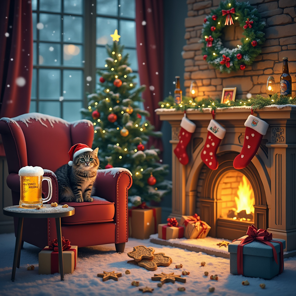 Imagine a cozy, snow-draped living room on Christmas Eve, with a twinkling, multicolored tree taking center stage. In the foreground, there's a fluffy tabby cat, sitting on a vintage, overstuffed armchair. The cat wears a tiny Santa hat and has an adorable expression as if caught mid-meow. Scattered around the base of the chair are a few open presents, revealing catnip toys and sparkly baubles.

To the left of the armchair, there's a rustic wooden coffee table, upon which rests a frosty mug of beer, its golden liquid glowing warmly in the Christmas lights. The mug has a whimsical label featuring a cartoon cat holding a beer stein. Around the mug are half-eaten Christmas cookies shaped like fish, a playful nod to the feline theme. A small plate of the cookies sits precariously on the arm of the chair, as if the cat was enjoying a snack before being interrupted.

In the background, a stone fireplace is aglow with a crackling fire, stockings hung with care along the mantel, each one embroidered with paw prints. Above the fireplace, a framed picture shows the same cat in a different festive outfit from a previous Christmas, adding a touch of personal history to the scene. Tinsel and fairy lights drape around the room, casting a warm, inviting glow.

To complete the scene, there's a Christmas wreath on the wall, decorated not just with holly and berries, but also with tiny beer bottles and cat toys, making it a truly unique and humorous holiday decoration. A string of popcorn and cranberries winds around the base of the tree, with a few pieces playfully swiped down, hinting at the cat's mischievous antics.

This detailed tableau captures the essence of a quirky, cat-and-beer-loving household celebrating Christmas with plenty of humor and warmth.
Generated with these themes: Likes cats and beer.
Made with ❤️ by AI.