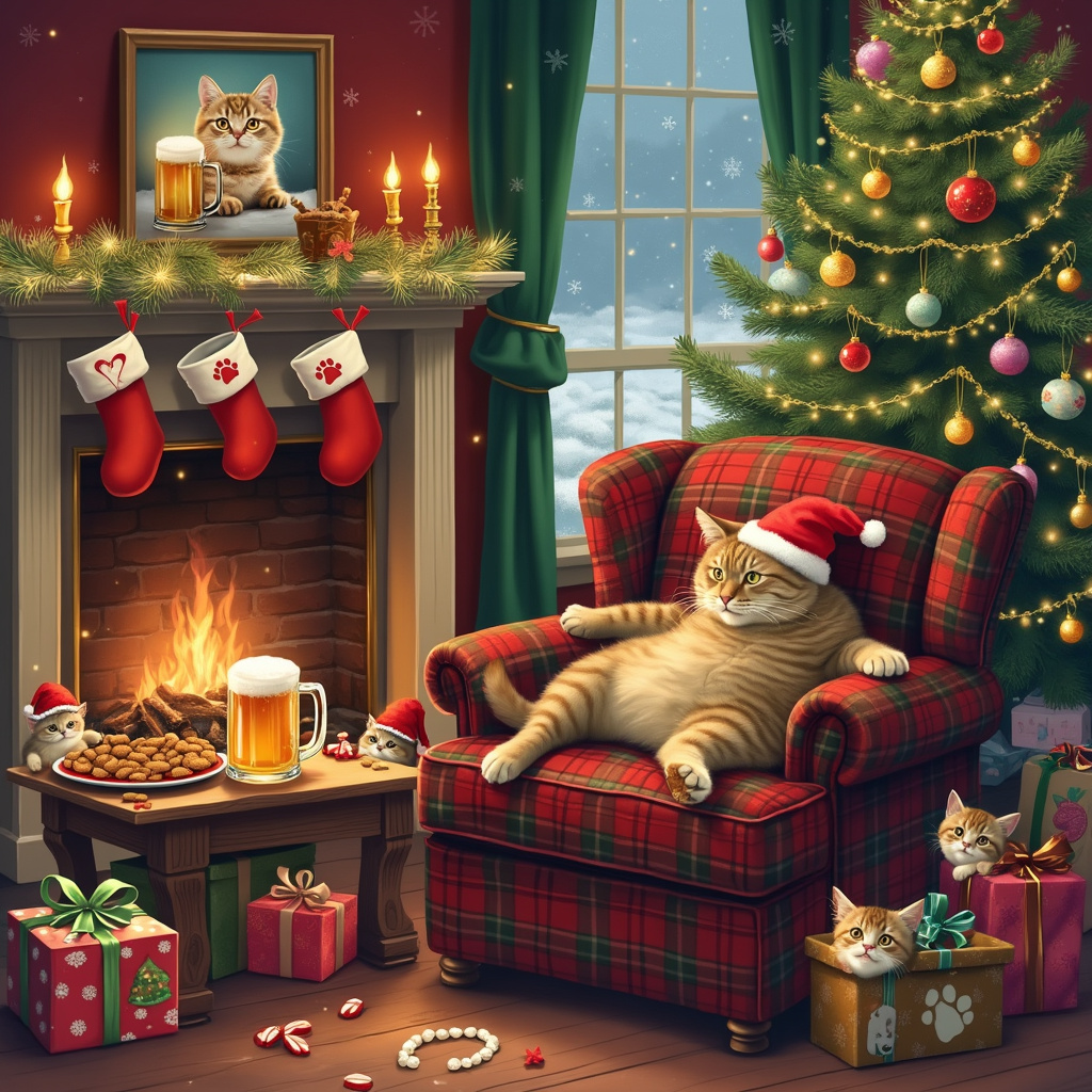 In the foreground of the card, an oversized, cozy armchair upholstered in festive red and green plaid fabric sits next to a roaring fireplace, which is adorned with a garland of twinkling fairy lights and golden baubles. On the armchair, a plump tabby cat with a Santa hat playfully askew lounges contentedly, one paw casually draped over the armrest. Its other paw is reaching towards a half-eaten Christmas cookie on a small wooden side table. The table itself is cluttered with holiday cheer: a frosty mug of beer, foam spilling over the top, sits beside a plate of Christmas-themed cat treats and a few colorful Christmas ornaments. 

In the background, a beautifully decorated Christmas tree stands tall, shimmering with tinsel, sparkling lights, and ornaments shaped like tiny beer mugs and fish. A string of popcorn and cranberries is wound around the tree, and a star at the top is a glowing bottle cap. 

Under the tree, gift-wrapped presents feature paw-print wrapping paper and ribbon, with some partially opened by curious kittens. One kitten is peeking out of a gift box, wearing a reindeer antler headband, while another is batting at a dangling ornament.

On the mantle above the fireplace, stockings hang, each one embroidered with a tiny beer stein and a cat silhouette. Above the mantle, a framed picture of a cat clinking a beer mug with Santa Claus is prominently displayed, further adding to the humor of the scene.

Snow can be seen falling softly through a frosted window beside the fireplace, completing this charming and whimsical Christmas scene where cats and beer bring holiday cheer together.
Generated with these themes: Likes cats and beer.
Made with ❤️ by AI.