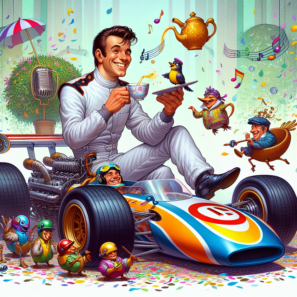 Imagine a scene with a smiling man, bearing a slight resemblance to a popular 1960s pop singer, with short slick hair and youthful features. He's decked out in a colorful racing uniform, happily sipping tea from a cup while managing to steer a whimsical Formula One car shaped like an oversized teapot. A crew of mischievous birds, adorned with miniature racing goggles, attends to the vehicle, reflecting a sense of energy and loyalty. Melodic musical notes, symbolizing a lively tune, float cheerfully in the air. The entire scene is set against a background filled with swirling tea leaves and a shower of vibrant birthday confetti, conveying a sense of jubilant festivity.
Generated with these themes: Cliff richard, Tea, Formula one, and Birds.
Made with ❤️ by AI.