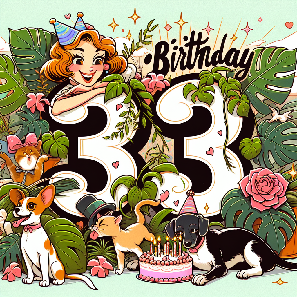 Create a cute and bubbly cartoon scene for a 33rd birthday celebration set in the style of vintage comic strips. The numbers '33' are at the center, artistically intertwined with vibrant monstera plants to embody a woman's fondness for plants or being a 'Plant mom'. Be sure to include her beloved pets – a roguish black cat with sparkling eyes, a playful ginger cat chasing after a fallen leaf, and a laid-back tuxedo cat sprawled out in comfort. In addition, the scene features a lively Jack Russell mix and a spirited Maltese terrier, both festively decorated in birthday attire to mark the occasion. The design should reflect a perfect harmony between the love for pets and plants.
Generated with these themes: 33, Plant mom, Monstera, Black cat, Ginger cat, Tuxedo cat, Jack russell cross, and Maltese terrier.
Made with ❤️ by AI.